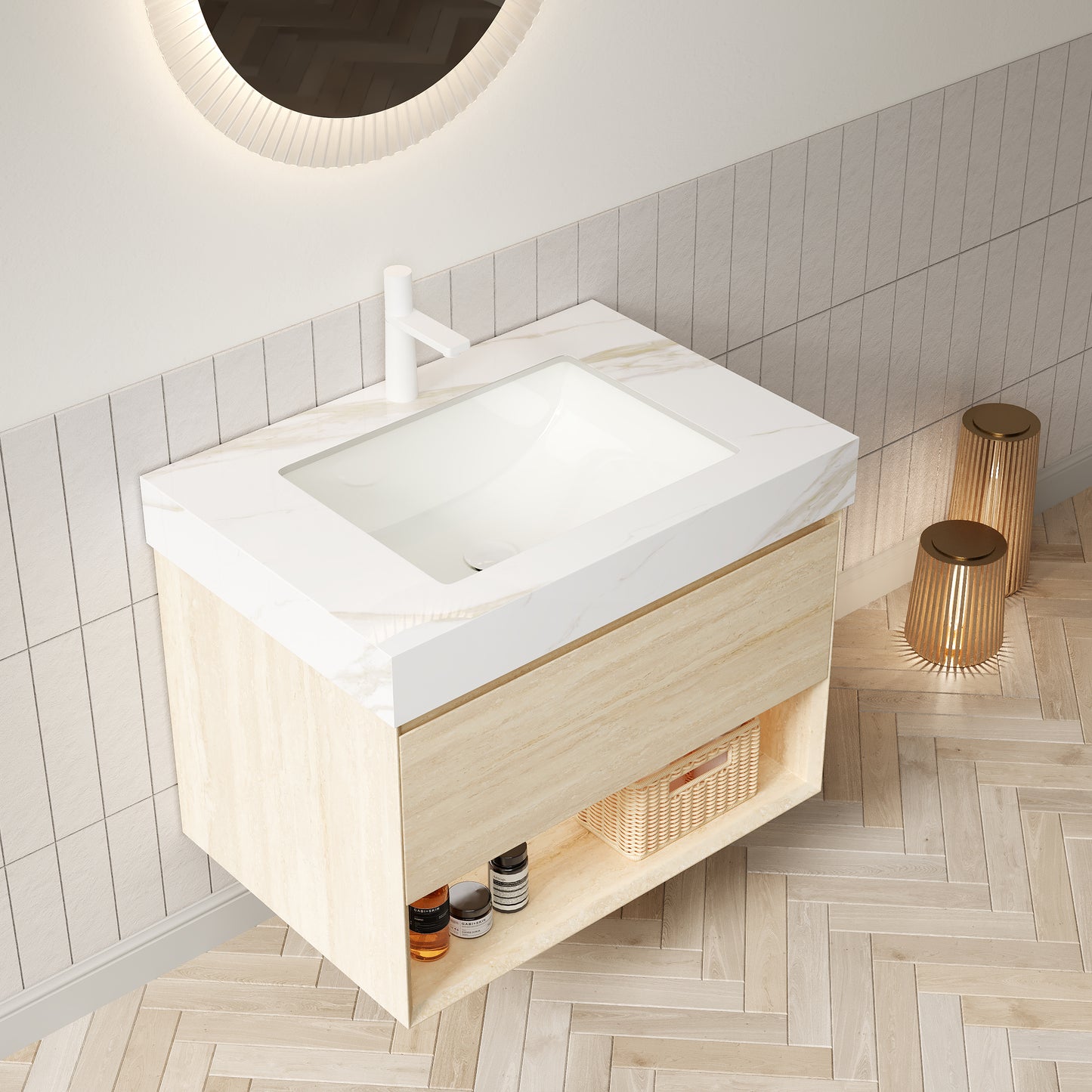 FRIGGA 30" Badezimmer-Waschtisch und Waschbecken, schwebender Sperrholz-Aufbewahrungsschrank, Schublade und Regal mit Sensorlicht