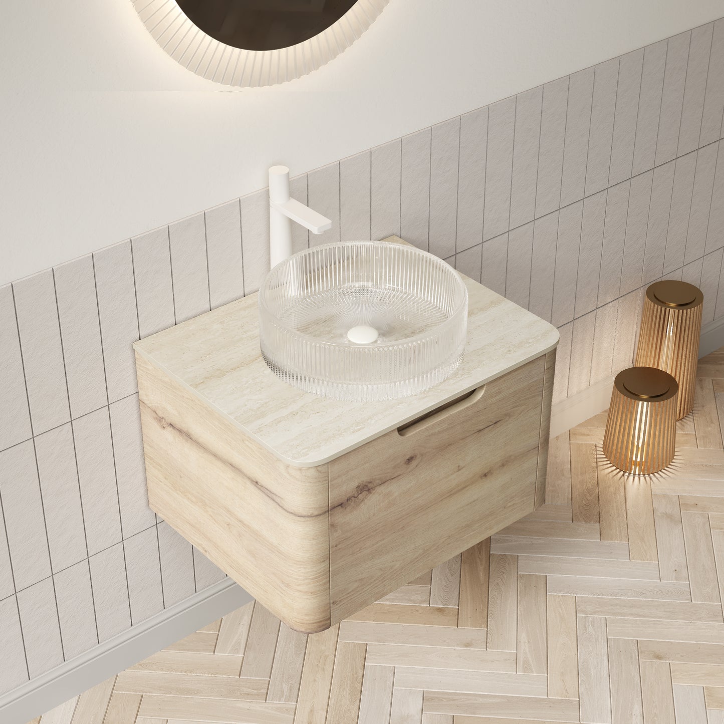 XAI 36" Bathroom Vanity with Sink, Floating Plywood Storage Cabinet with Drawer, Transparent Round Glass Basin