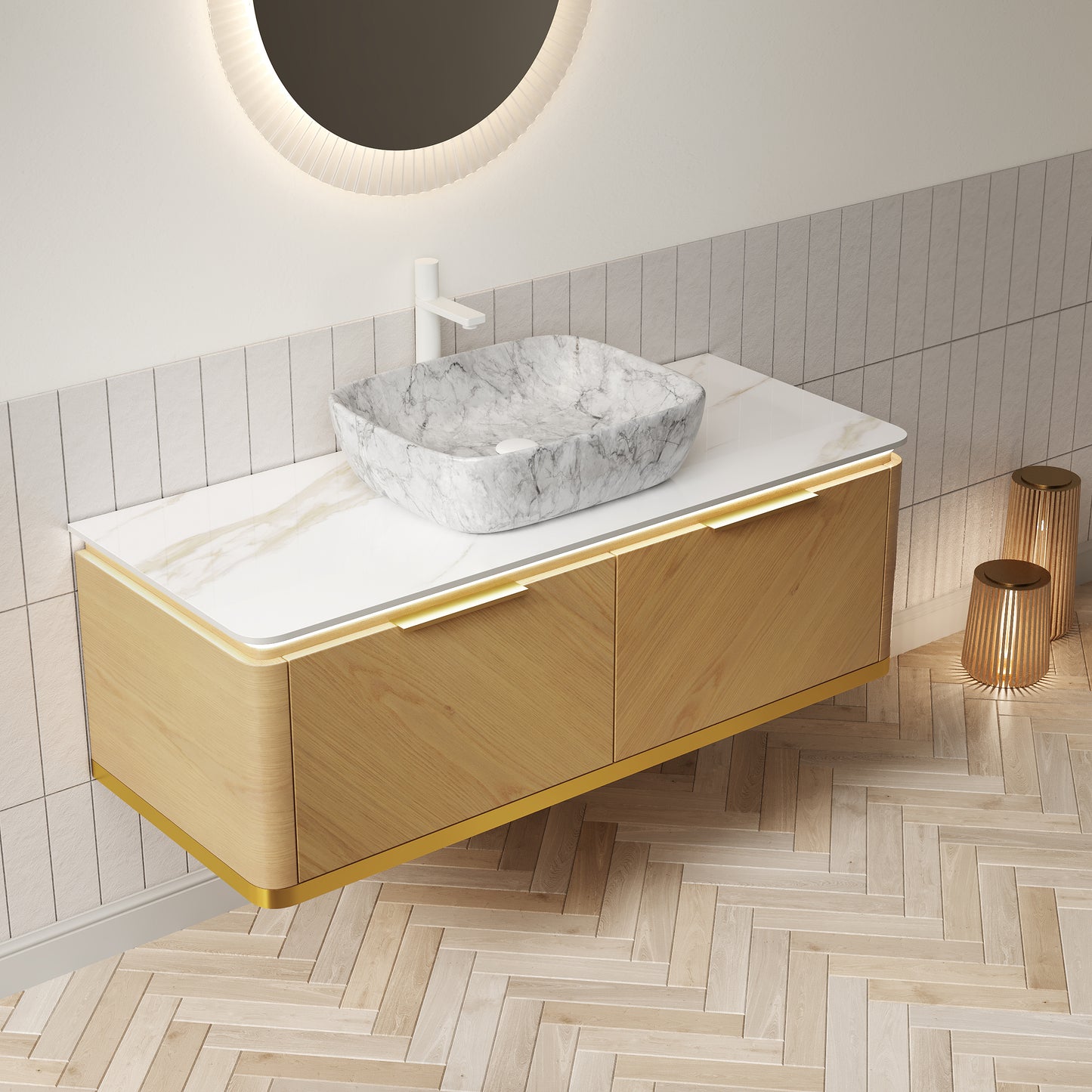 DIPA 60" Badezimmer-Waschtisch und Waschbecken, schwebender Sperrholz-Aufbewahrungsschrank mit 2 Schubladen, Sintersteinplatte