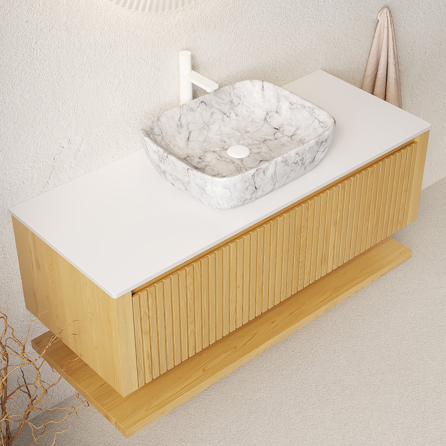 HIZON 48" Bathroom Vanity&Sink, Floating Plywood Bathroom Storage Cabinet with Drawers&Open Shelf