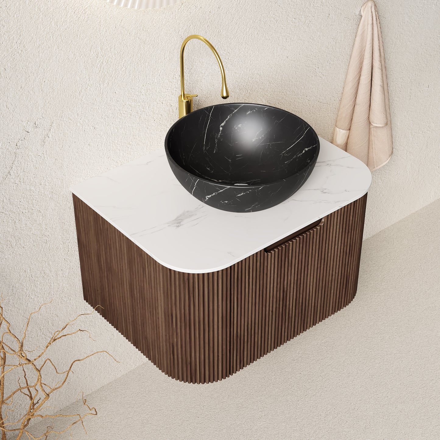 DINA 24" Bathroom Vanity&Sink, Floating Curved Edges Striped Storage Cabinet with Drawer, Stone Black Round Ceramic Basin&Carrara White Sintered Stone Top, Pre-assembled, Dark Walnut Woodgrain Color
