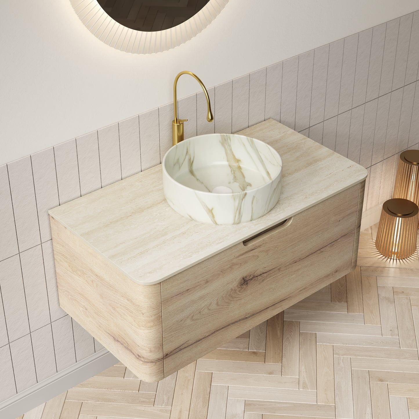 XAI 36" Badezimmerwaschtisch mit Waschbecken, schwebender Sperrholz-Aufbewahrungsschrank mit Schublade, Keramikwaschbecken mit Steinmuster