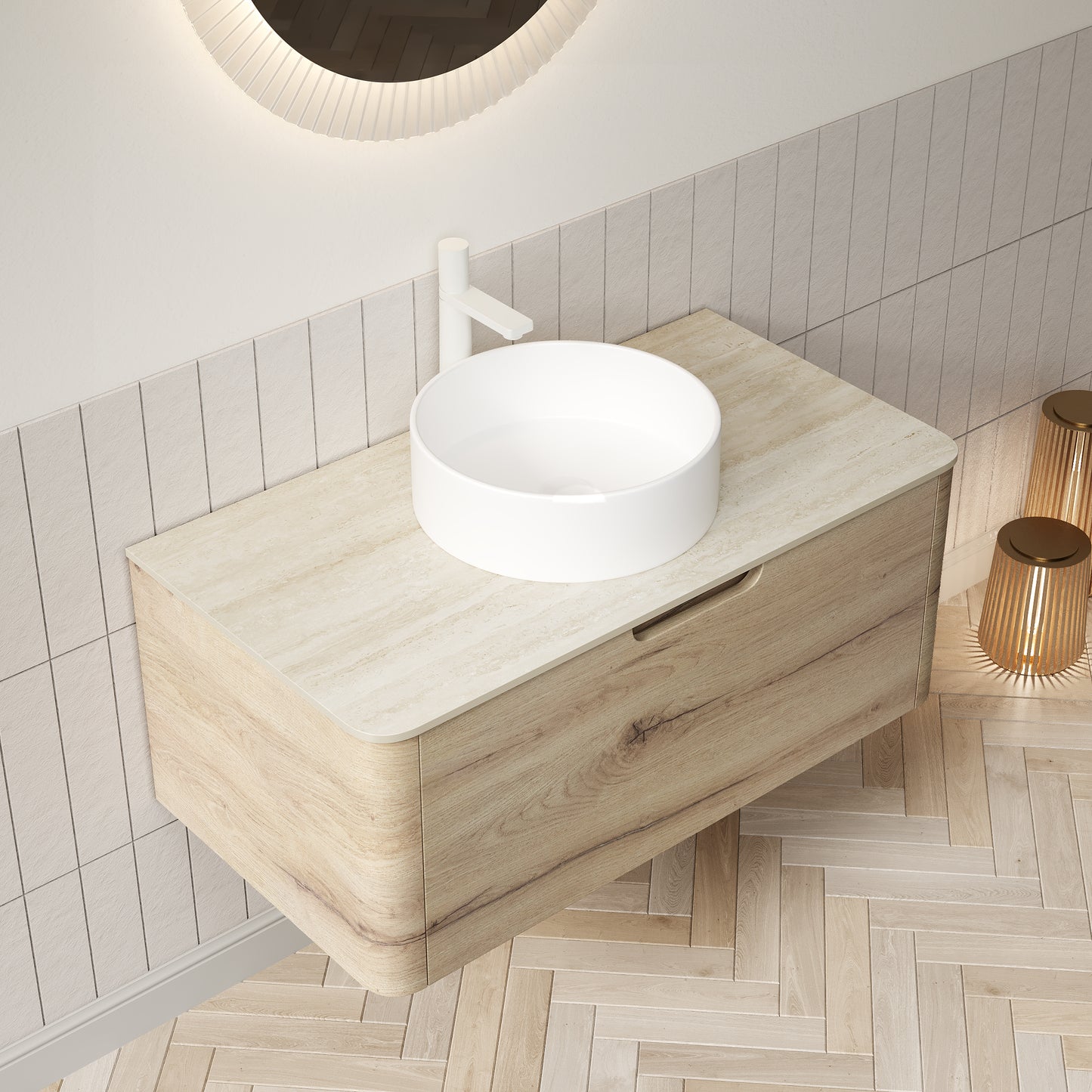 XAI 36" Badezimmerwaschtisch mit Waschbecken, Wandmontierter Sperrholzschrank mit Schublade, Weißes rundes Keramikbecken