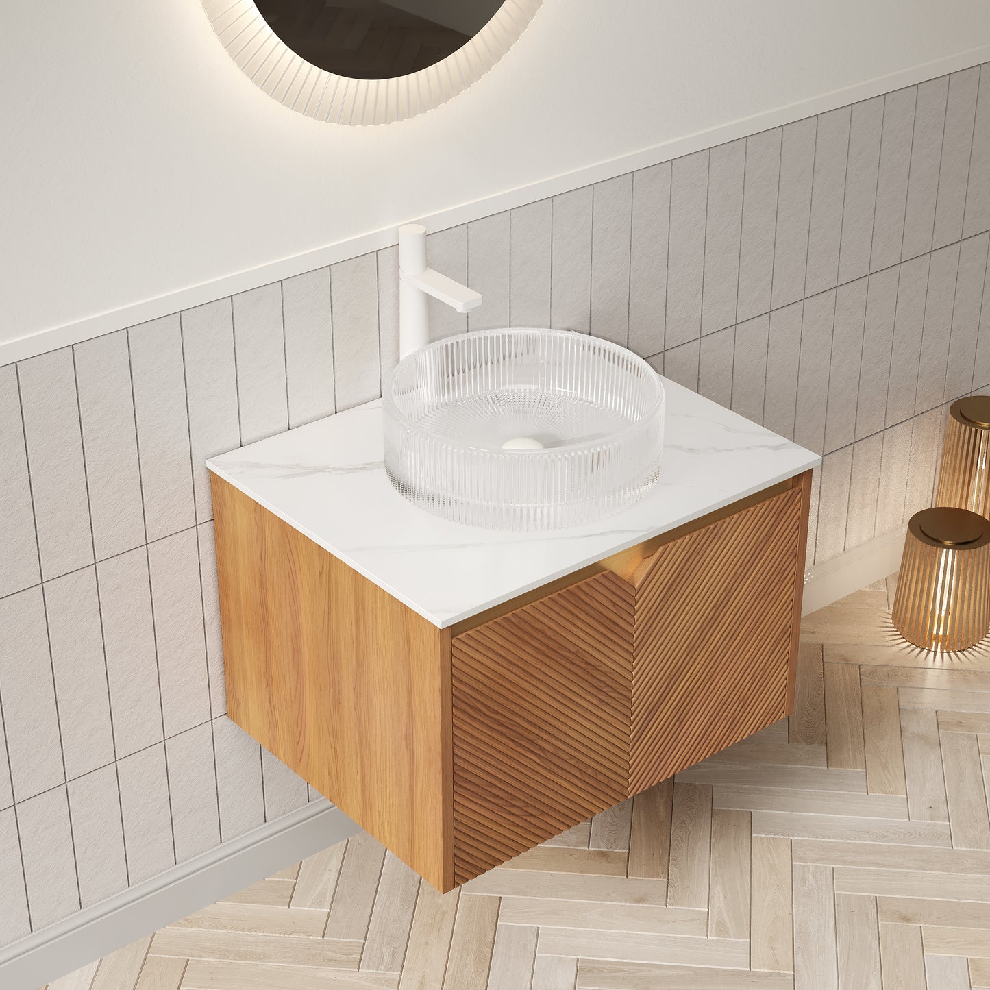 RUBEN 48" Badezimmer-Waschtisch und Waschbecken, schwebender Sperrholz-Aufbewahrungsschrank, rundes weißes Keramik-Waschbecken mit Steinmuster