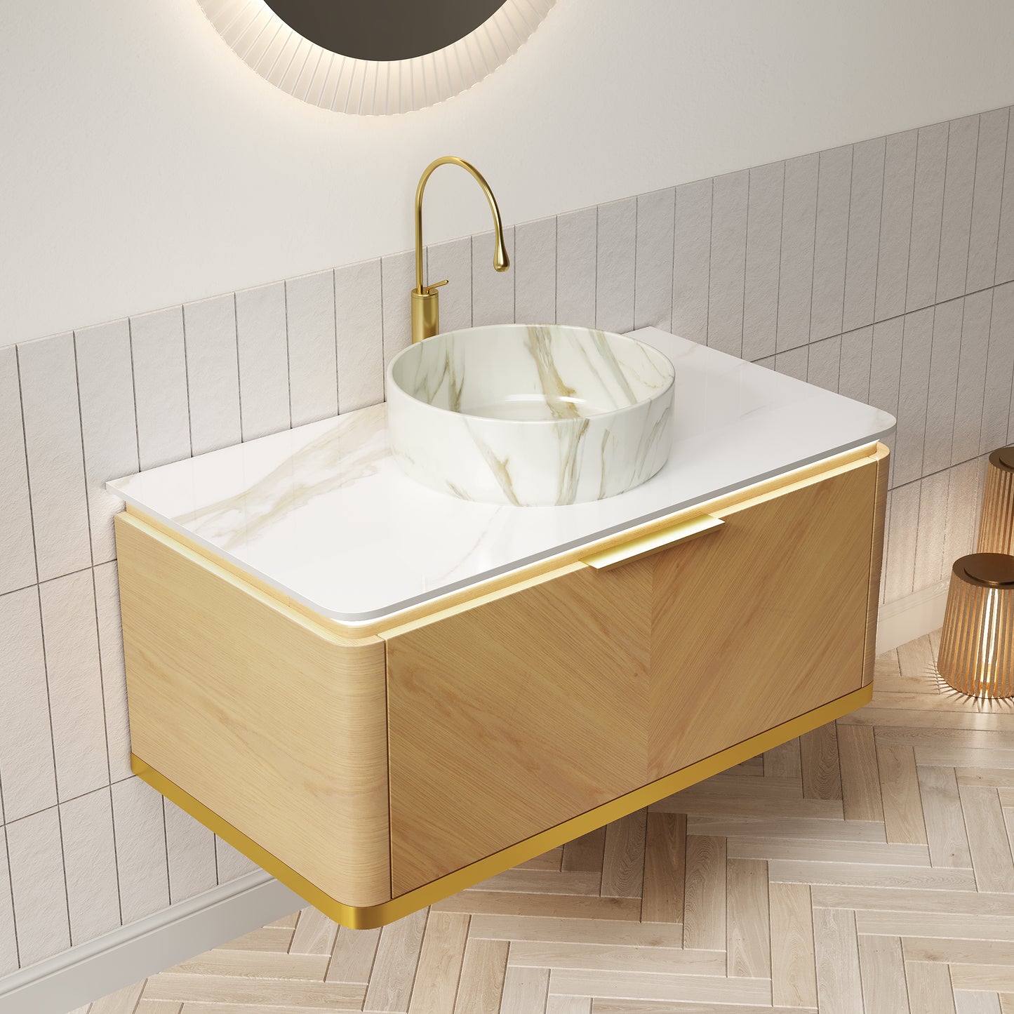 DIPA 60" Badezimmer-Waschtisch und Waschbecken, schwebender Sperrholz-Aufbewahrungsschrank mit Schublade, Eichenholzmaserung