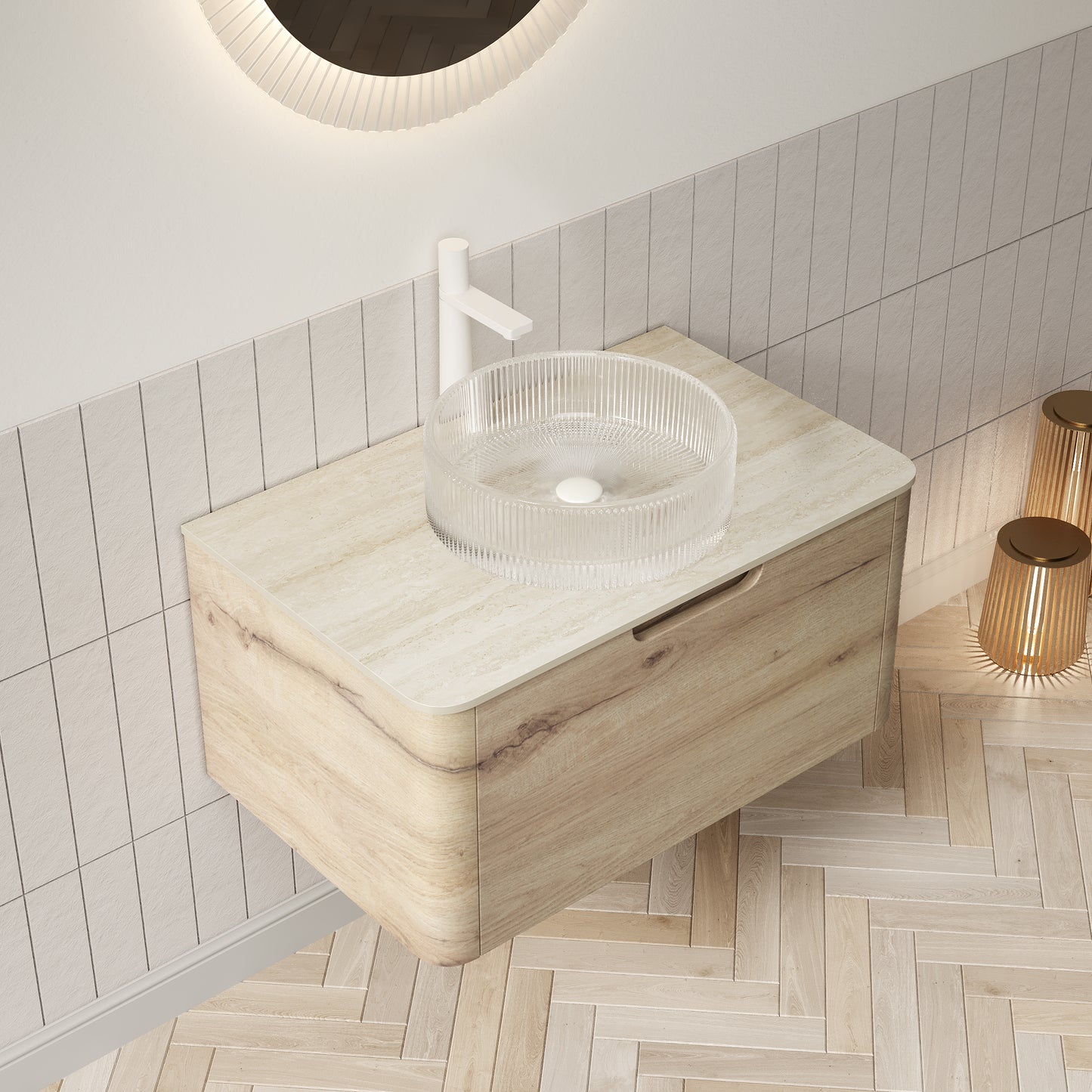 XAI 36" Bathroom Vanity with Sink, Floating Plywood Storage Cabinet with Drawer, Transparent Round Glass Basin