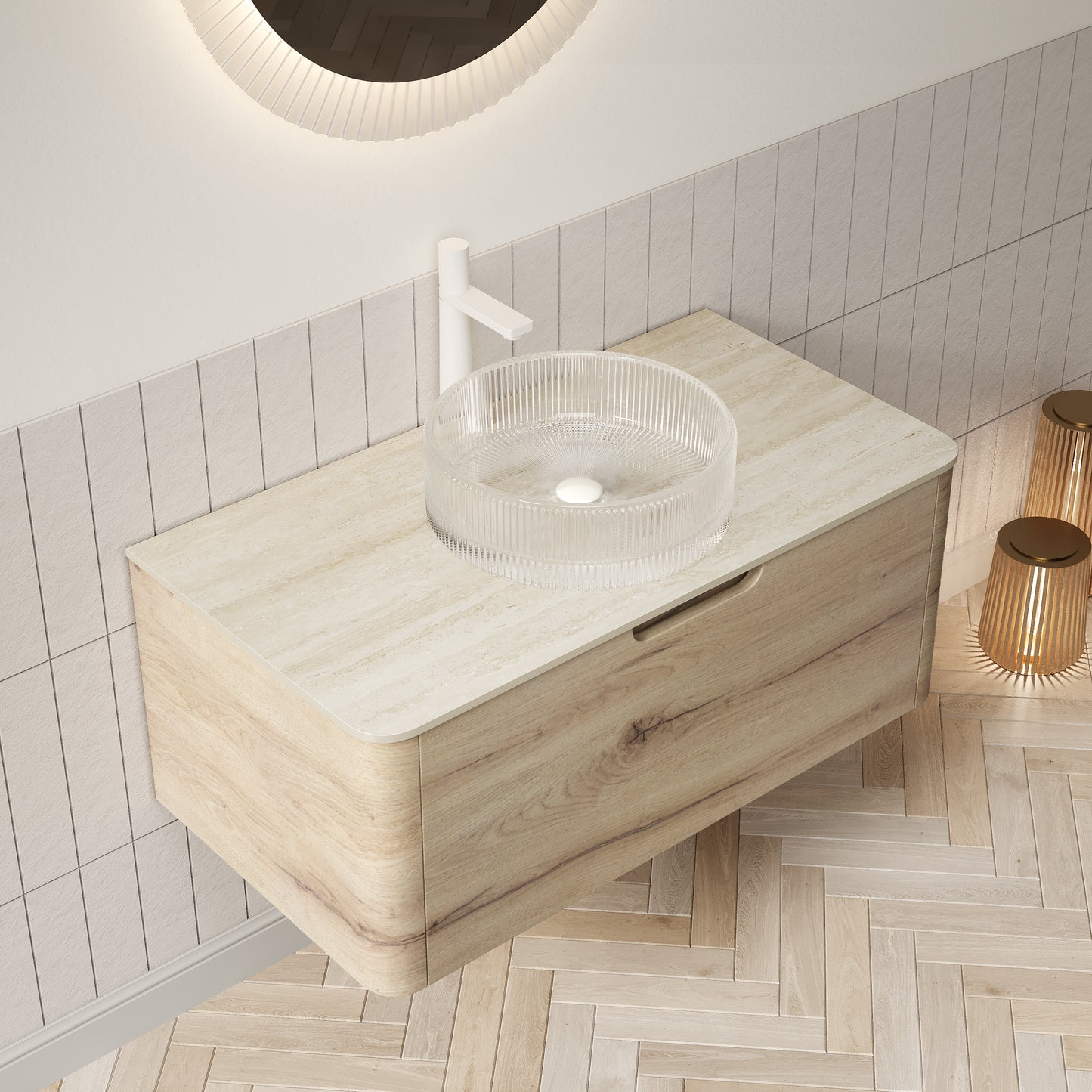 XAI 36" Bathroom Vanity with Sink, Floating Plywood Storage Cabinet with Drawer, Transparent Round Glass Basin