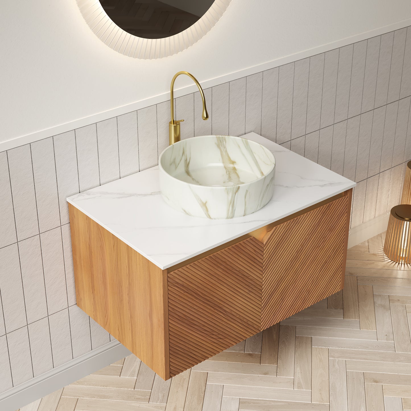 RUBEN 48" Badezimmer-Waschtisch und Waschbecken, schwebender Sperrholz-Aufbewahrungsschrank, rundes weißes Keramik-Waschbecken mit Steinmuster