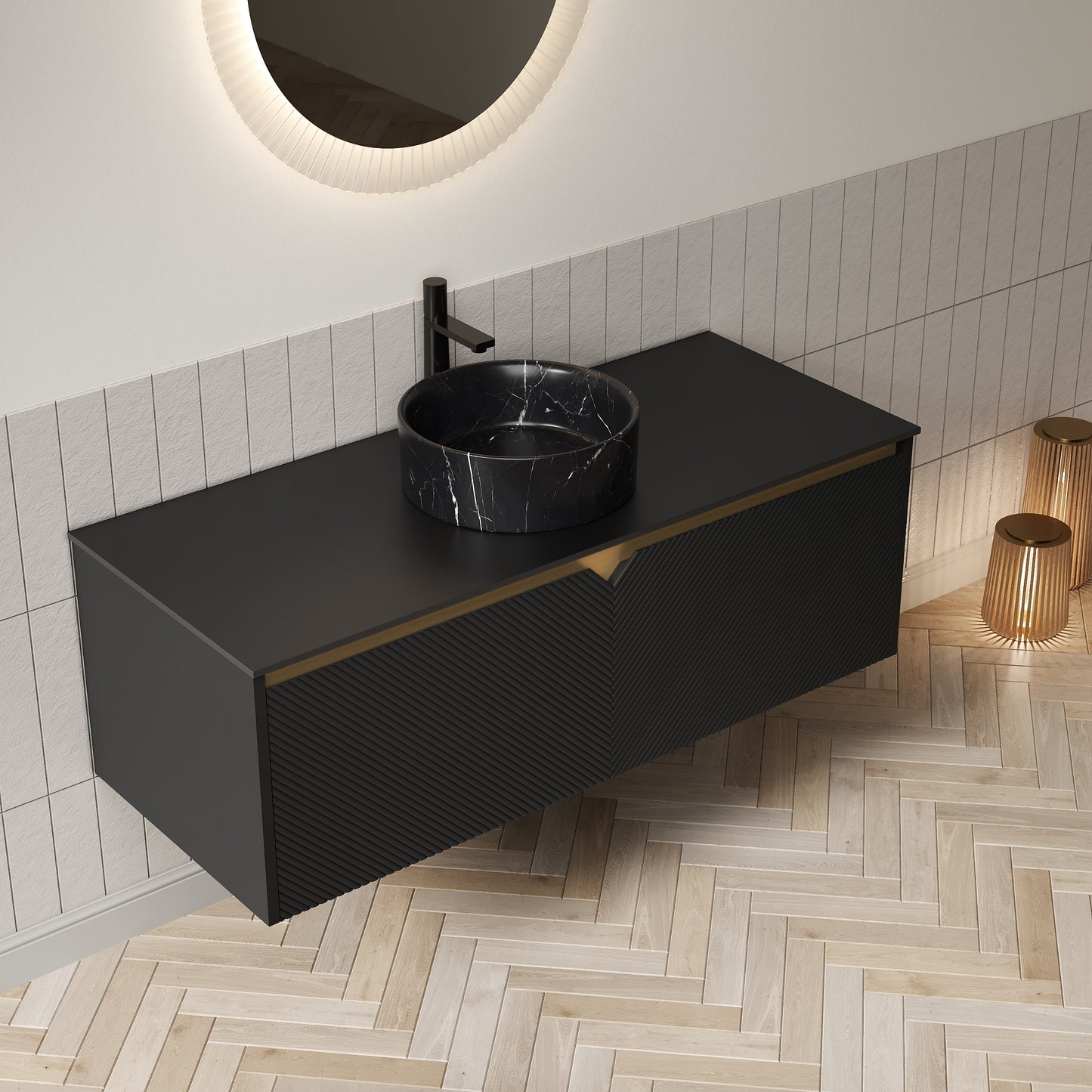 RUBEN 30" Bathroom Vanity&Sink, Wall-Mounted Floating Plywood Storage Cabinet, Black, Black Round Ceramic Vessel Basin