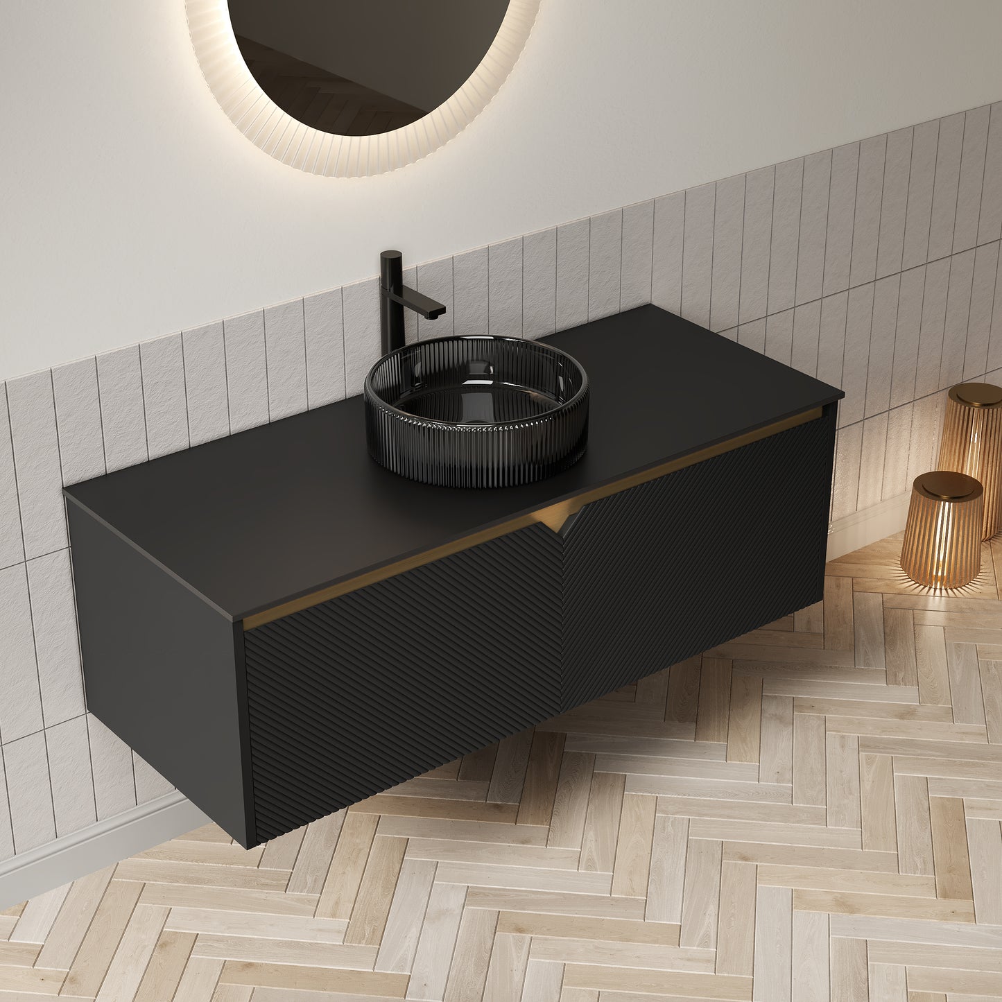 RUBEN 48" Bathroom Vanity with Sink, Wall-Mounted Floating Plywood Storage Cabinet, Black , Transparent Black Round Glass Basin