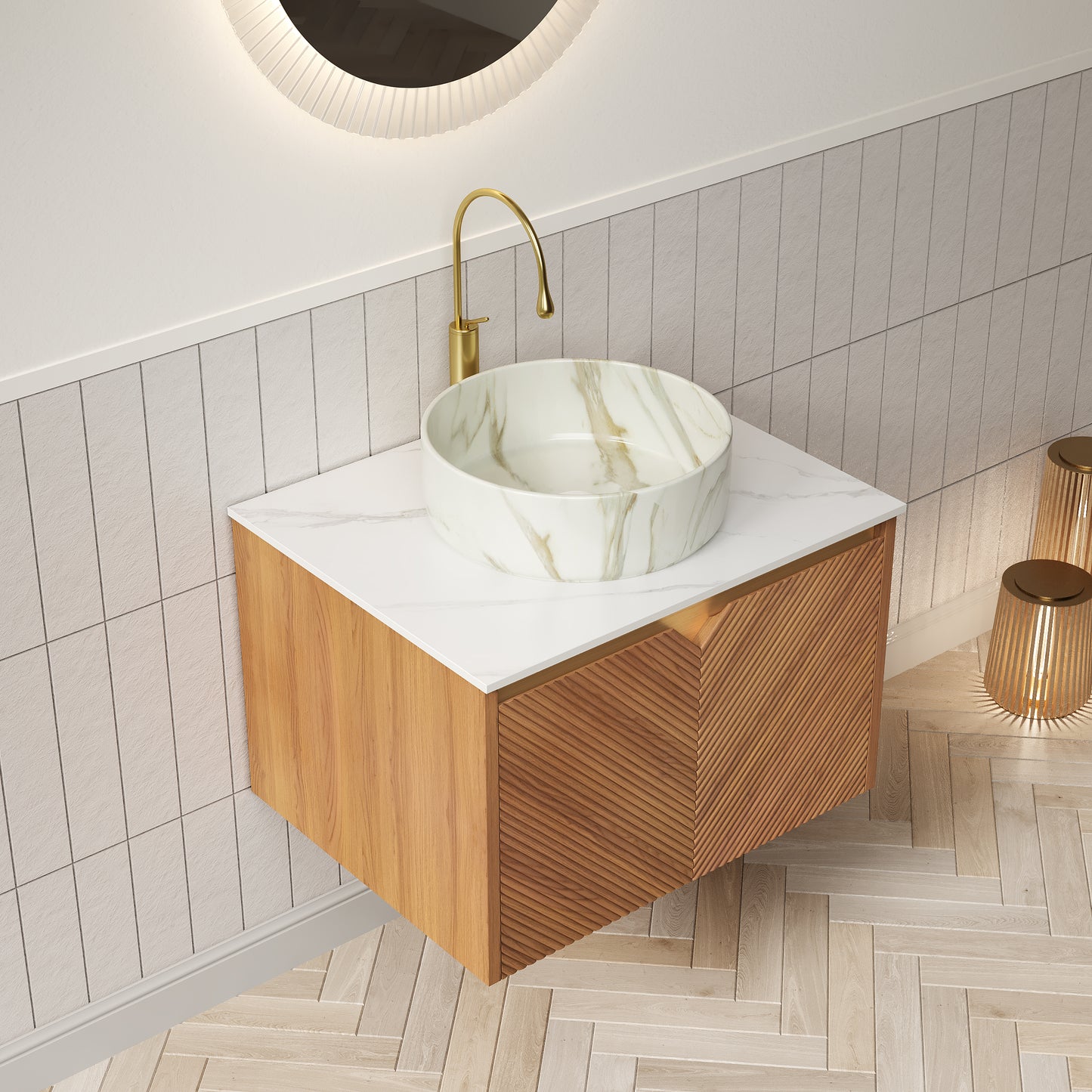 RUBEN 48" Badezimmer-Waschtisch und Waschbecken, schwebender Sperrholz-Aufbewahrungsschrank, rundes weißes Keramik-Waschbecken mit Steinmuster