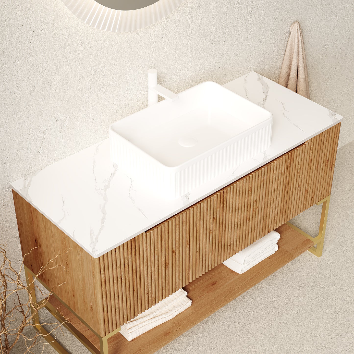 TULIO 48'' Bathroom Vanity&Sink, Freestanding Storage Cabinet with 3 Doors&Open Shelf