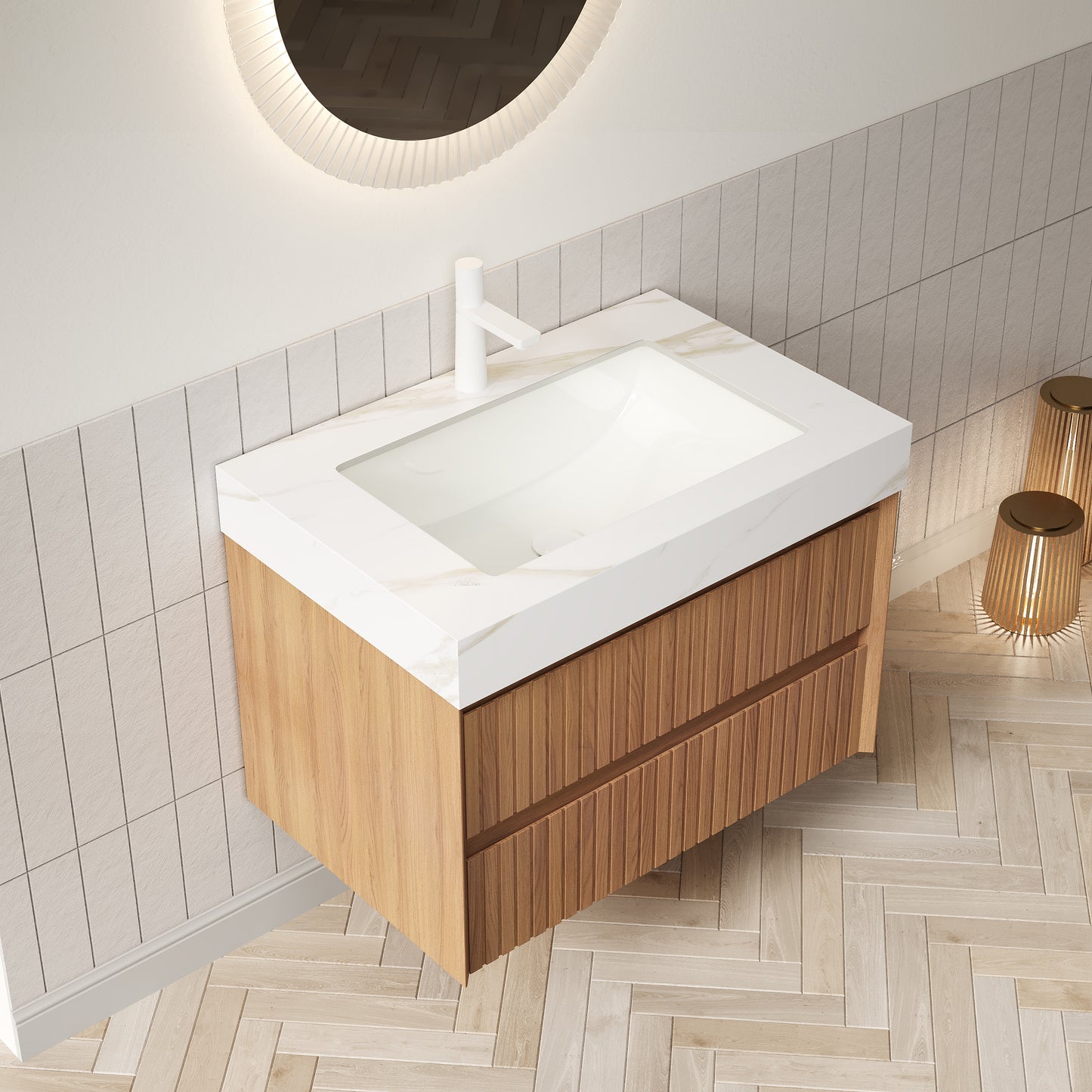 TILLEY 76,2 cm Badezimmer-Waschtisch und Waschbecken, wandmontierter Aufbewahrungsschrank aus gestreiftem Sperrholz mit 2 Schubladen, Calacatta-Gold