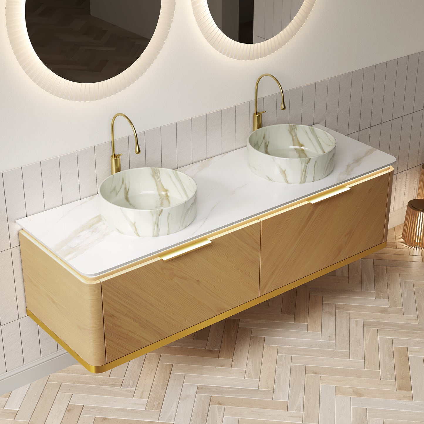 DIPA 60" Badezimmer-Waschtisch und Waschbecken, schwebender Sperrholz-Aufbewahrungsschrank mit Schublade, Eichenholzmaserung