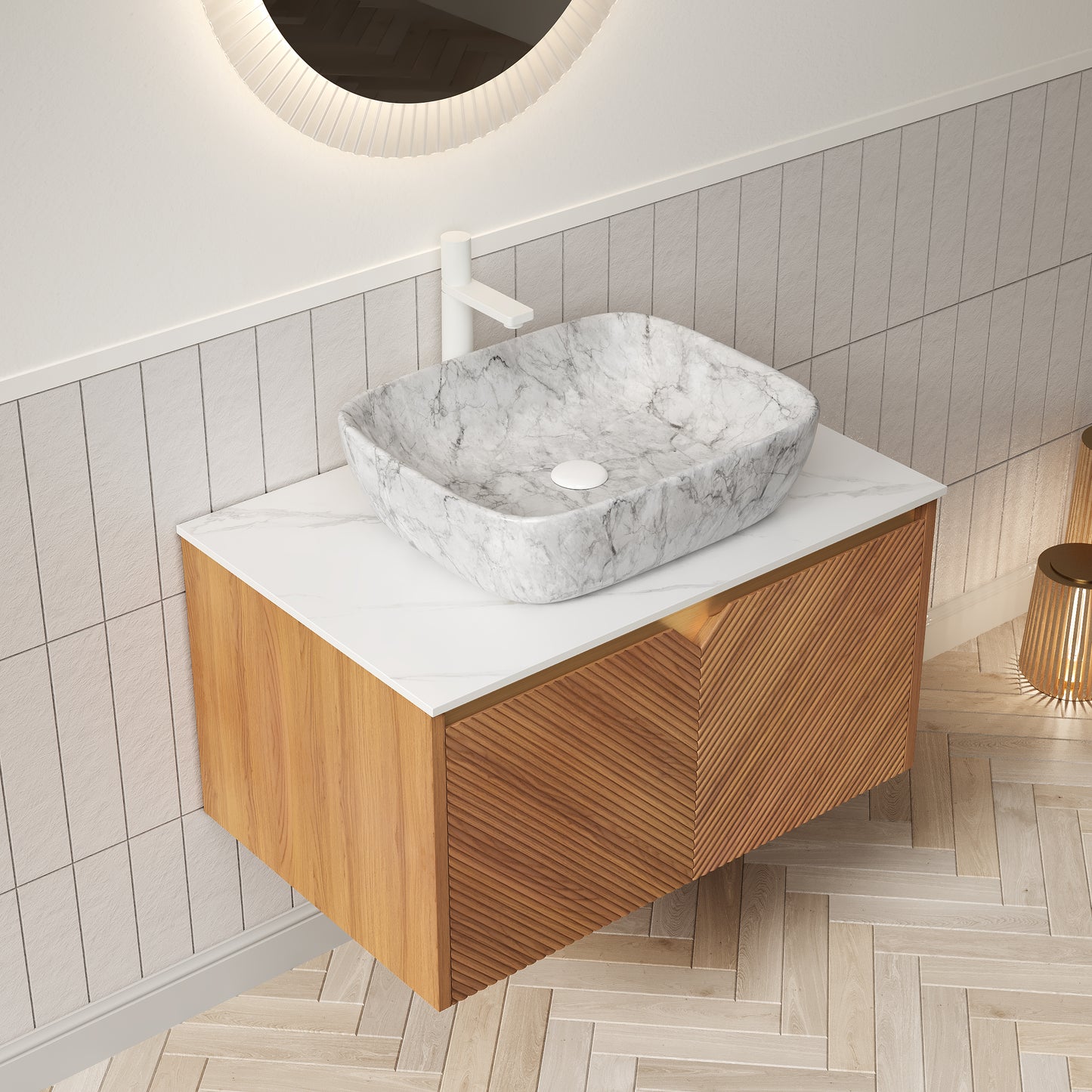 RUBEN 48" Badezimmer-Waschtisch und Waschbecken, schwebender Sperrholz-Aufbewahrungsschrank, rundes weißes Keramik-Waschbecken mit Steinmuster