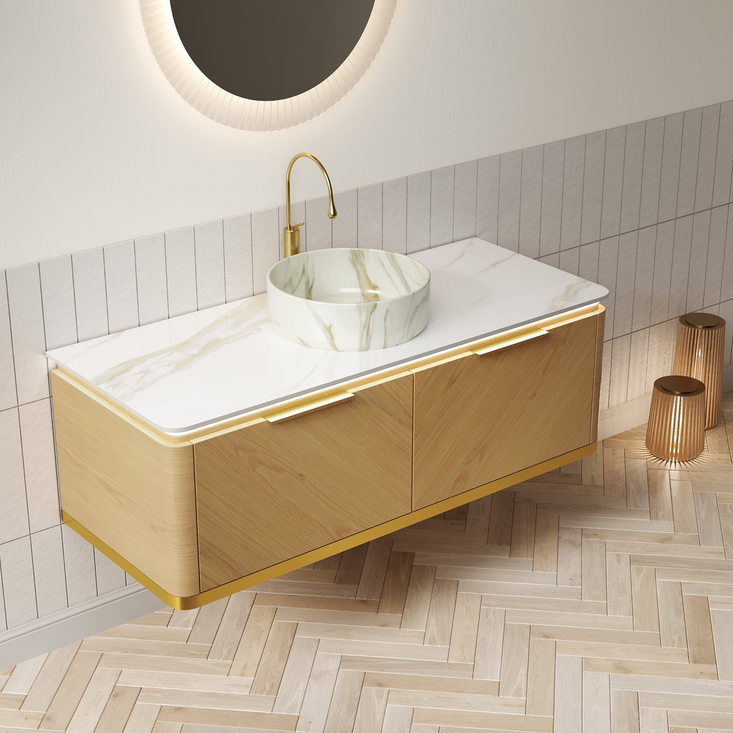 DIPA 60" Badezimmer-Waschtisch und Waschbecken, schwebender Sperrholz-Aufbewahrungsschrank mit Schublade, Eichenholzmaserung