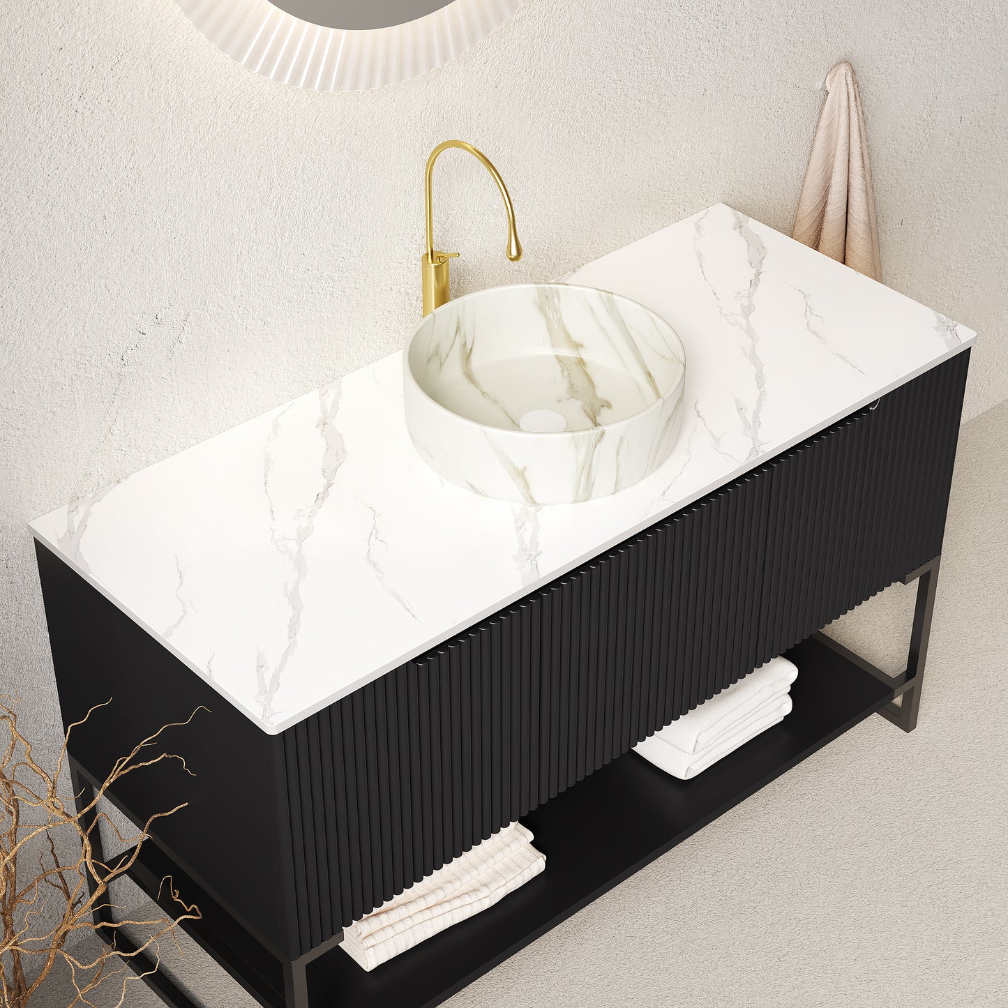TULIO 48'' Bathroom Vanity&Sink, Freestanding Storage Cabinet with 3 Doors&Open Shelf