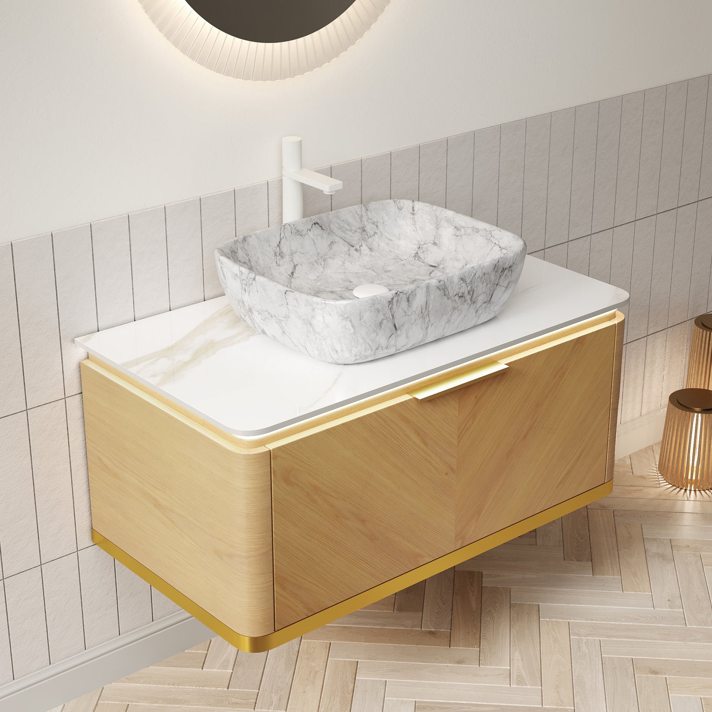 DIPA 60" Badezimmer-Waschtisch und Waschbecken, schwebender Sperrholz-Aufbewahrungsschrank mit 2 Schubladen, Sintersteinplatte