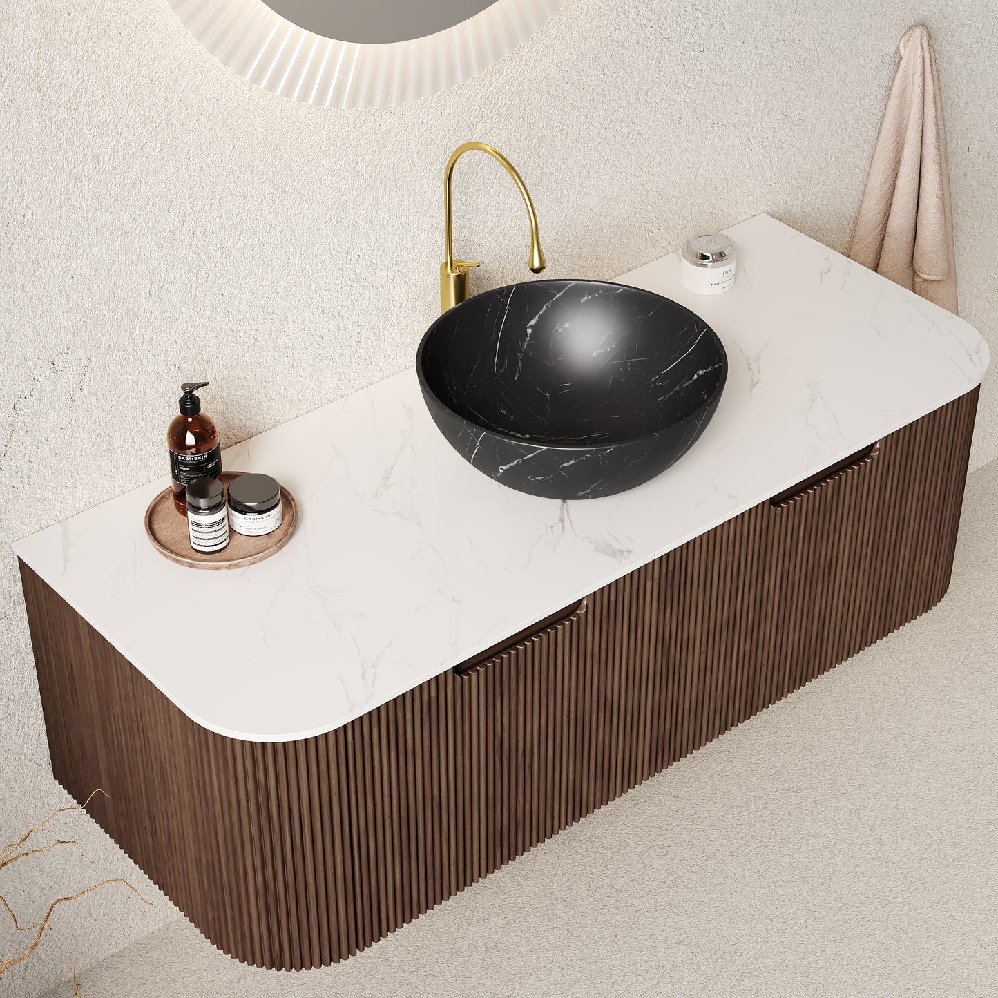 DINA 24" Bathroom Vanity&Sink, Floating Curved Edges Striped Storage Cabinet with Drawer, Stone Black Round Ceramic Basin&Carrara White Sintered Stone Top, Pre-assembled, Dark Walnut Woodgrain Color
