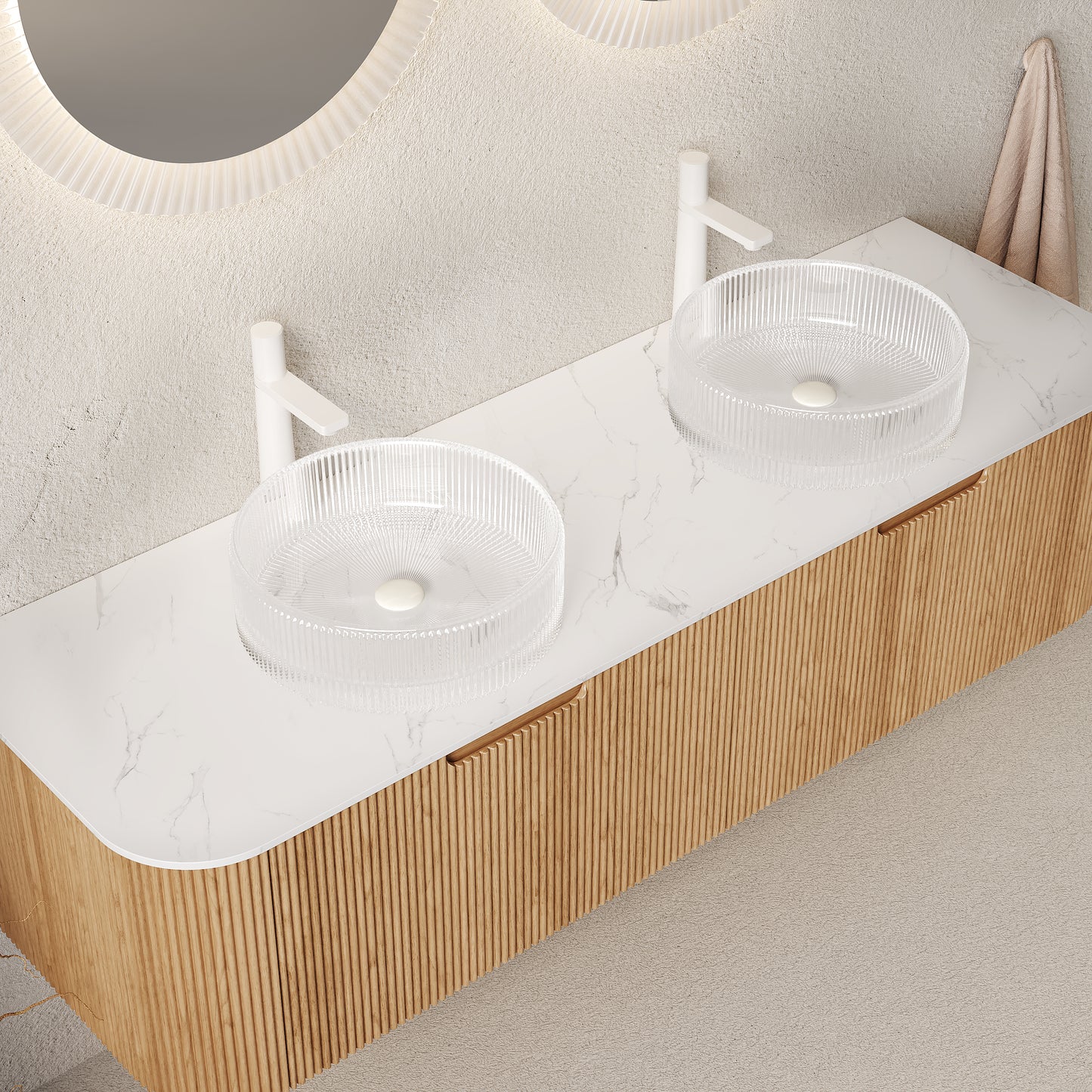 DINA Bathroom Vanity&Sinks, Floating Curved Edges Striped Storage Cabinet, Natural Woodgrain