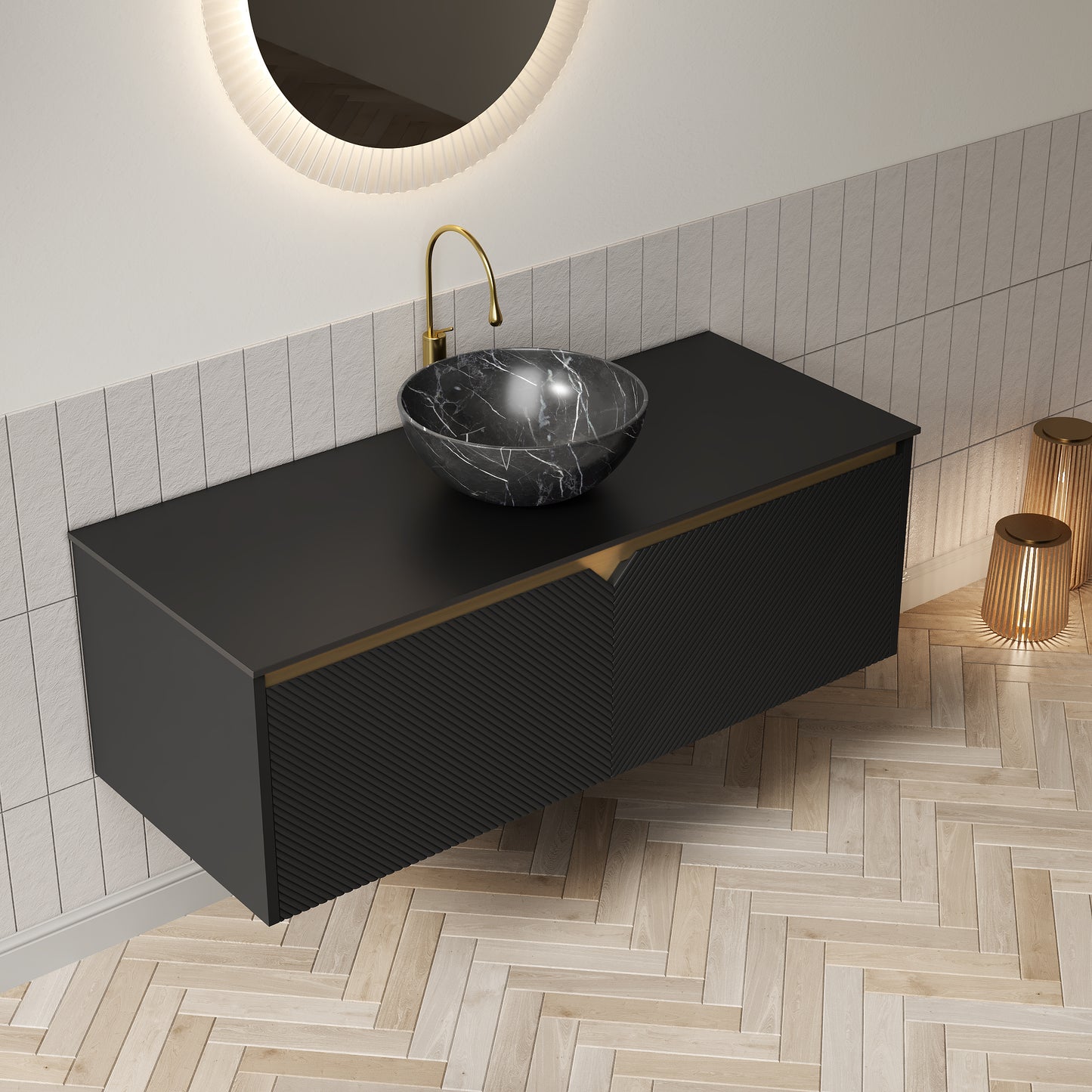 RUBEN 48" Bathroom Vanity&Sink, Wall-Mounted Floating Plywood Storage Cabinet, Black,Black Bowl Ceramic Vessel Basin