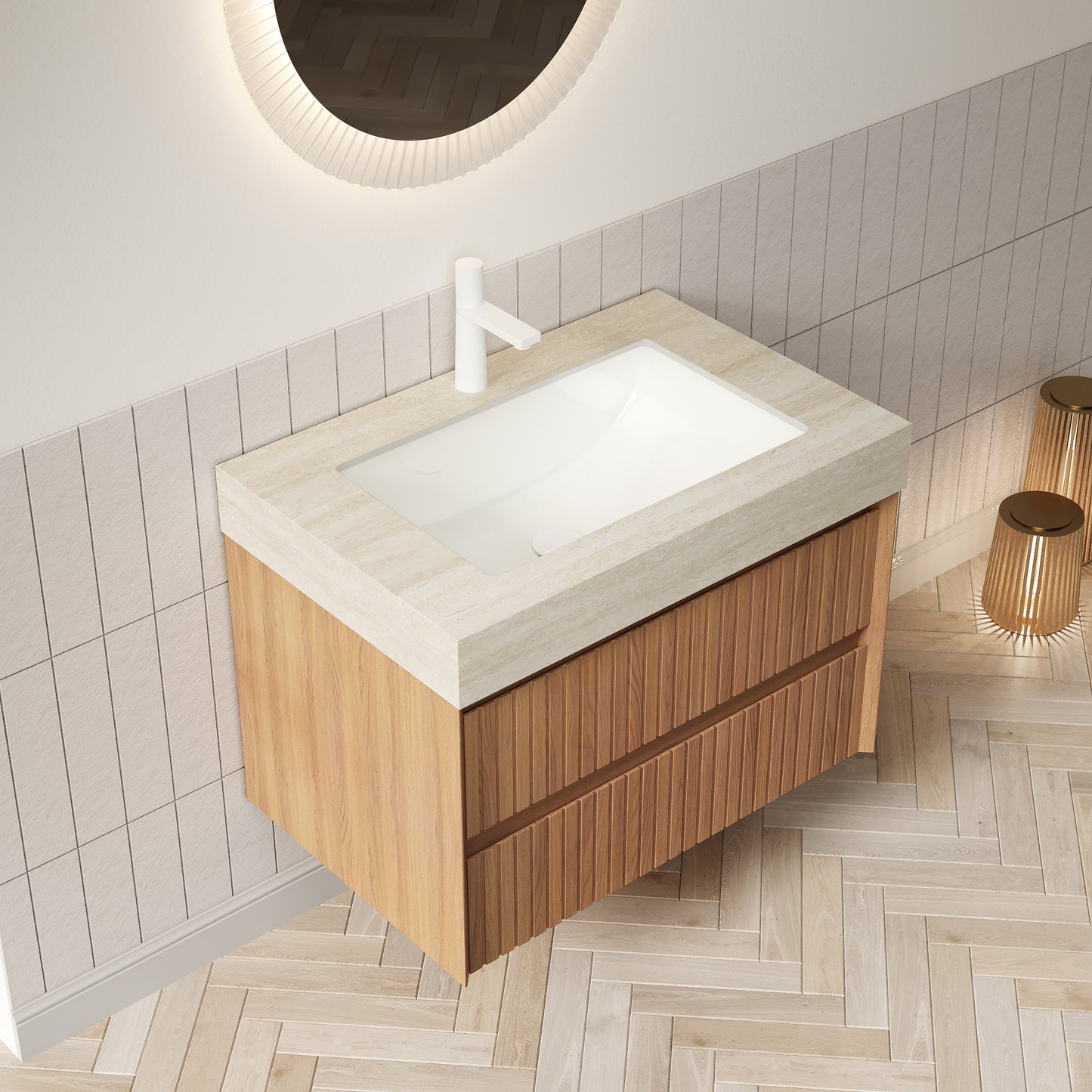 TILLEY 30" Bathroom Vanity&Sink, Floating Striped Plywood Storage Cabinet with 2 Drawers,Travertine-Pattern Sintered Stone Top