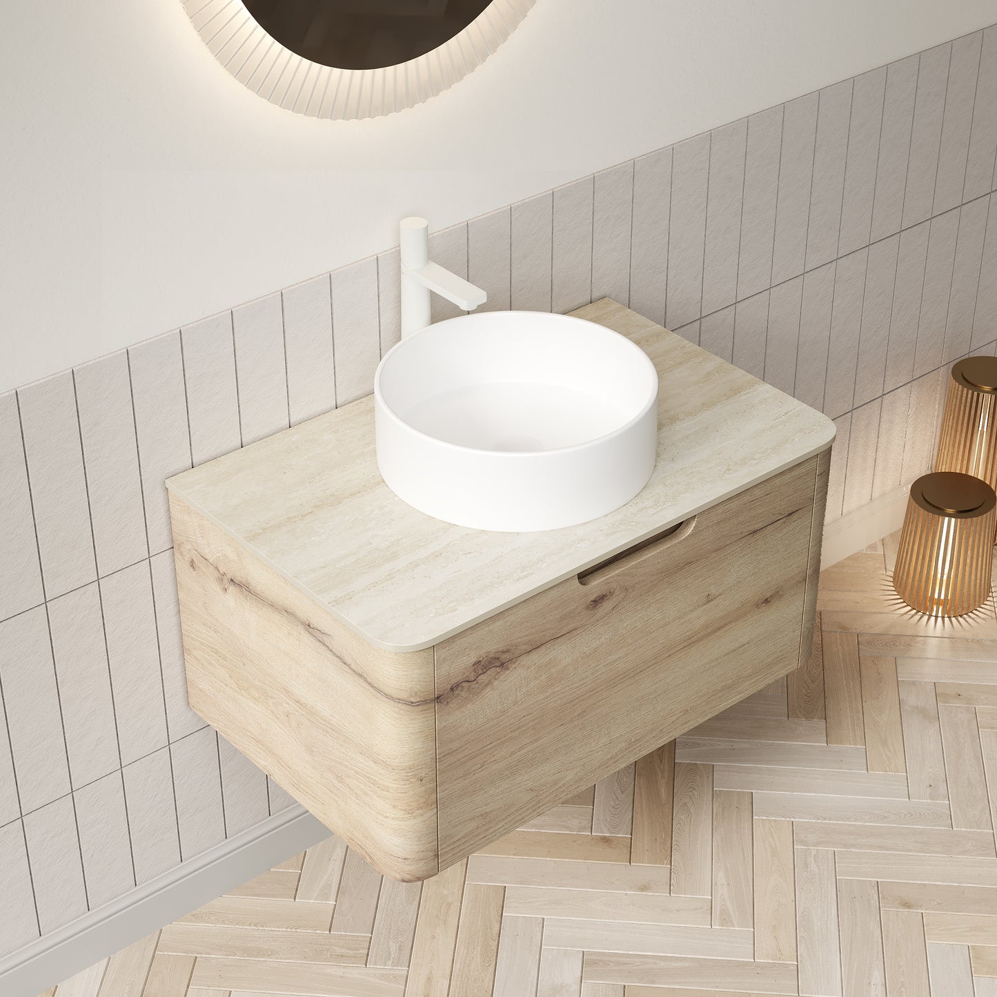 XAI 36" Badezimmerwaschtisch mit Waschbecken, Wandmontierter Sperrholzschrank mit Schublade, Weißes rundes Keramikbecken