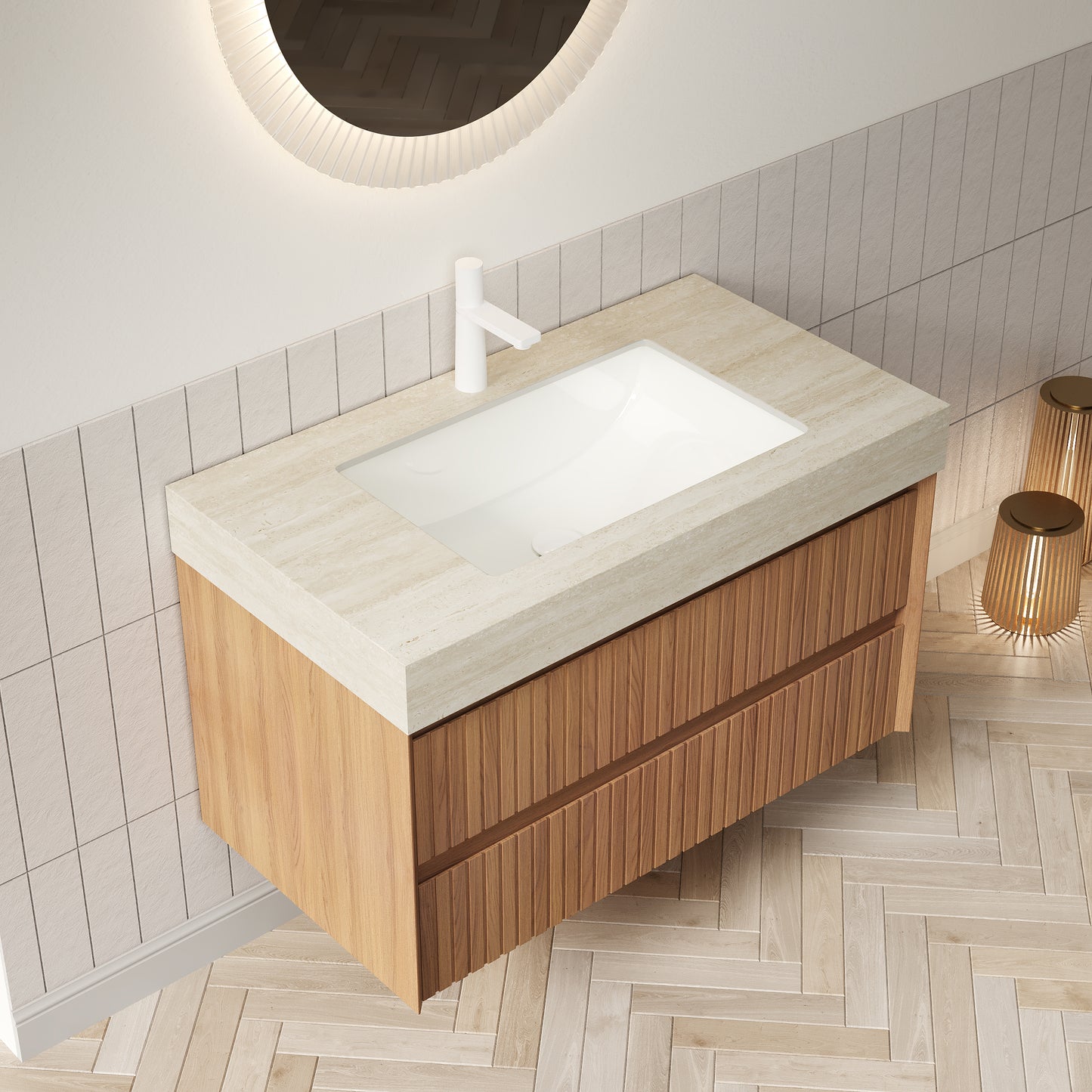 TILLEY 30" Bathroom Vanity&Sink, Floating Striped Plywood Storage Cabinet with 2 Drawers,Travertine-Pattern Sintered Stone Top
