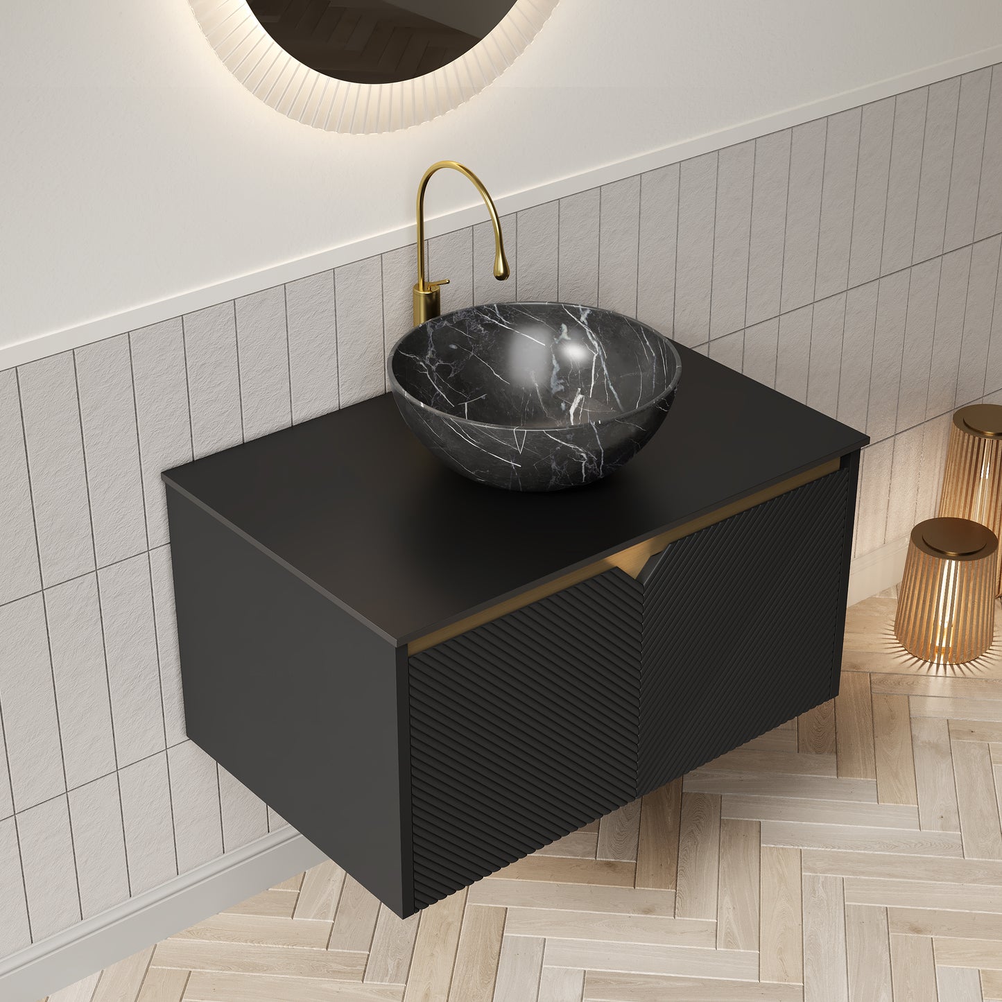RUBEN 48" Bathroom Vanity&Sink, Wall-Mounted Floating Plywood Storage Cabinet, Black,Black Bowl Ceramic Vessel Basin