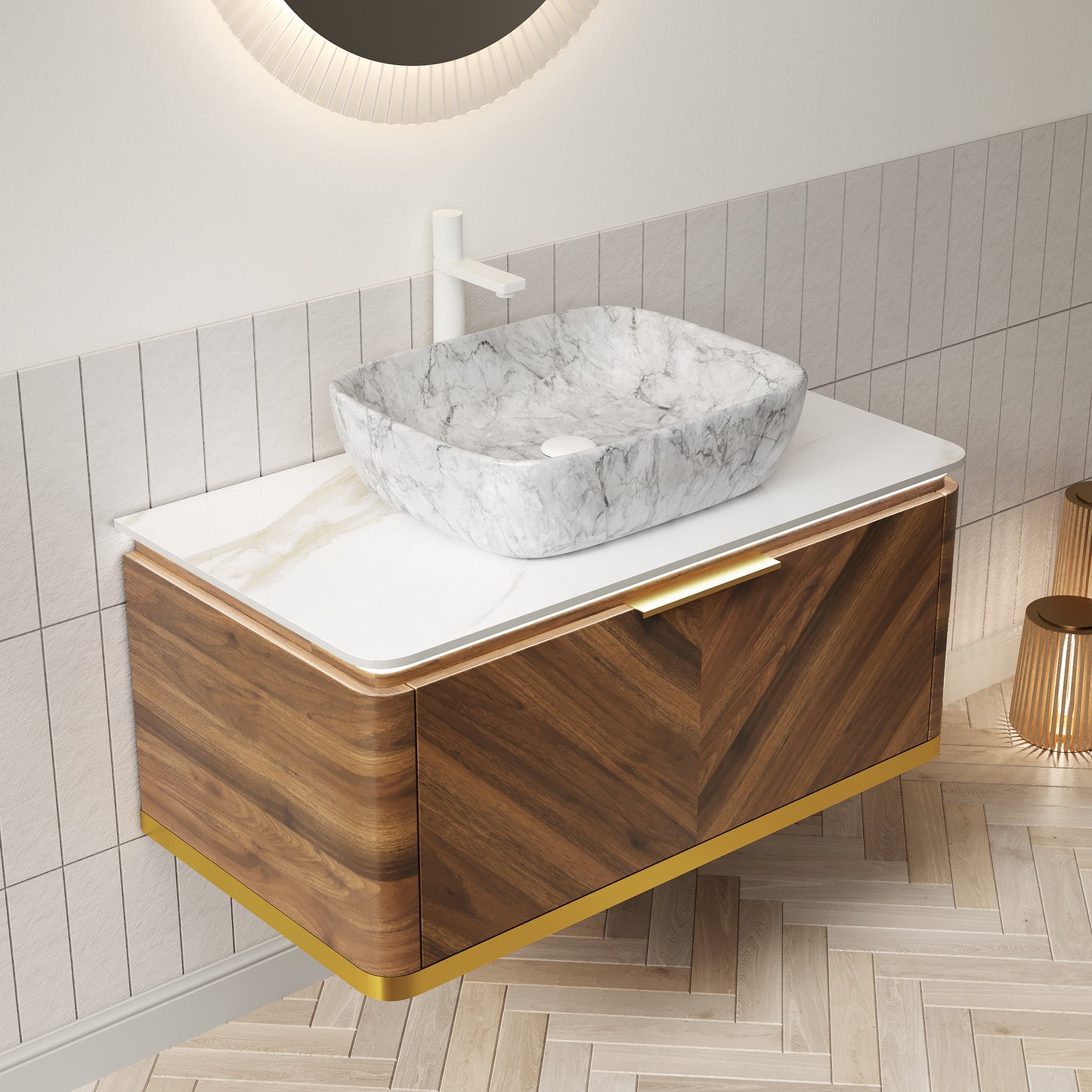 DIPA 60" Badezimmer-Waschtisch und Waschbecken, schwebender Sperrholz-Aufbewahrungsschrank, dunkle Walnussholzmaserung, gesinterte Steinplatte