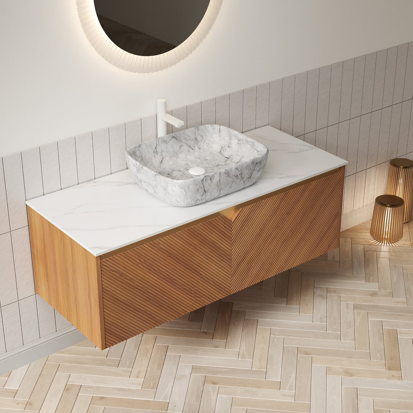 RUBEN 48" Badezimmer-Waschtisch und Waschbecken, schwebender Sperrholz-Aufbewahrungsschrank, Keramik-Waschbecken mit Marmormuster