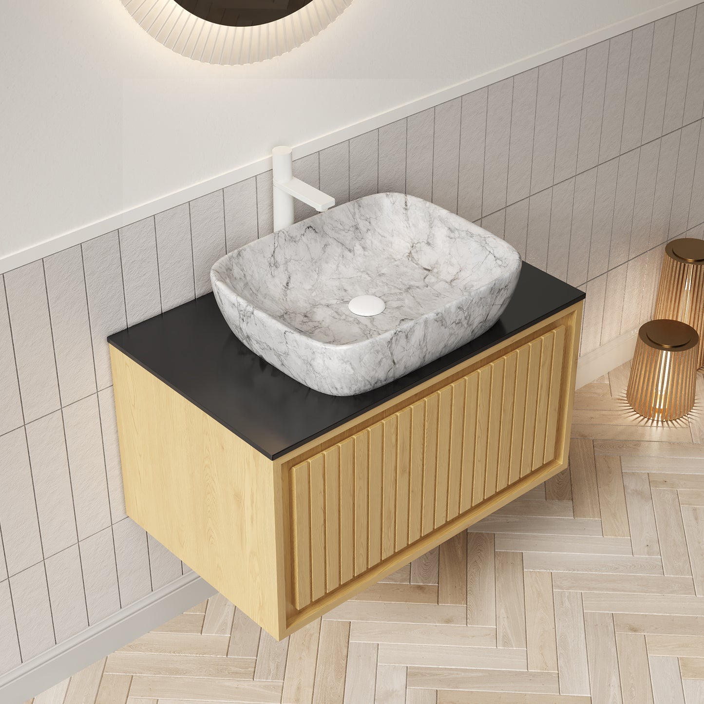 KOLAS 30" Bathroom Vanity&Sink, Wall-Mounted Plywood Bathroom Storage Cabinet with Drawer, Marble Pattern Ceramic Vessel Basin&Black Sintered Stone Top