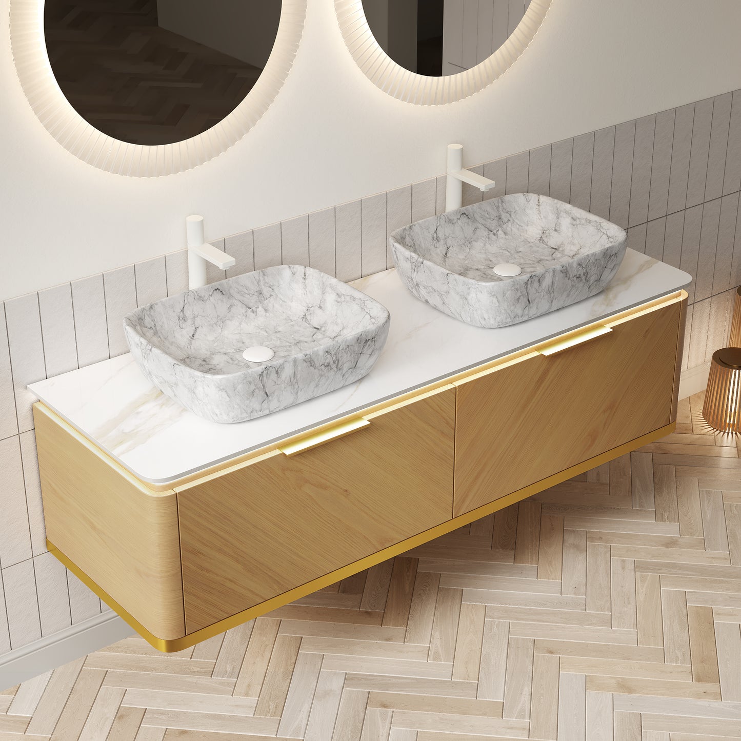 DIPA 60" Badezimmer-Waschtisch und Waschbecken, schwebender Sperrholz-Aufbewahrungsschrank mit 2 Schubladen, Sintersteinplatte