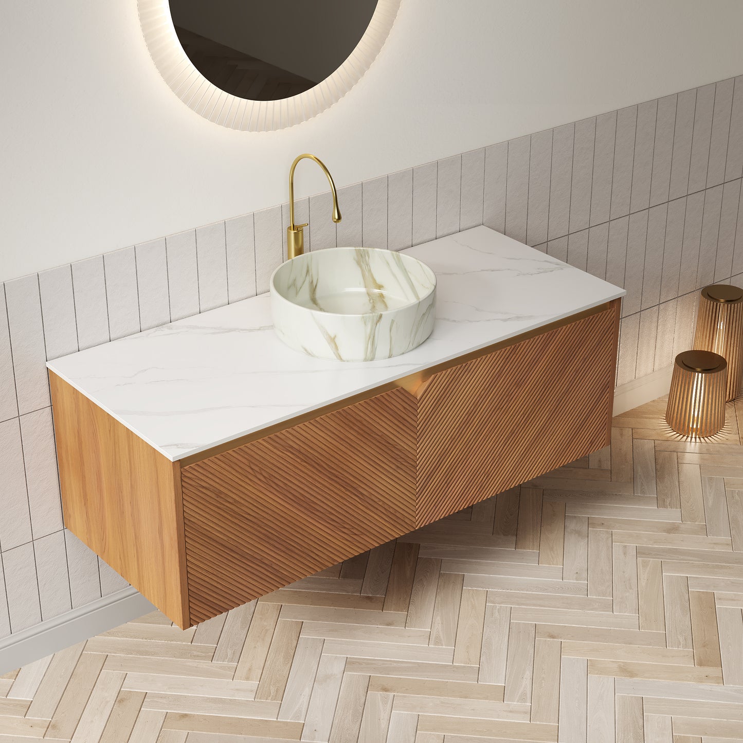 RUBEN 48" Bathroom Vanity&Sink, Floating Plywood Storage Cabinet,  Stone Pattern White Round Ceramic Vessel Basin