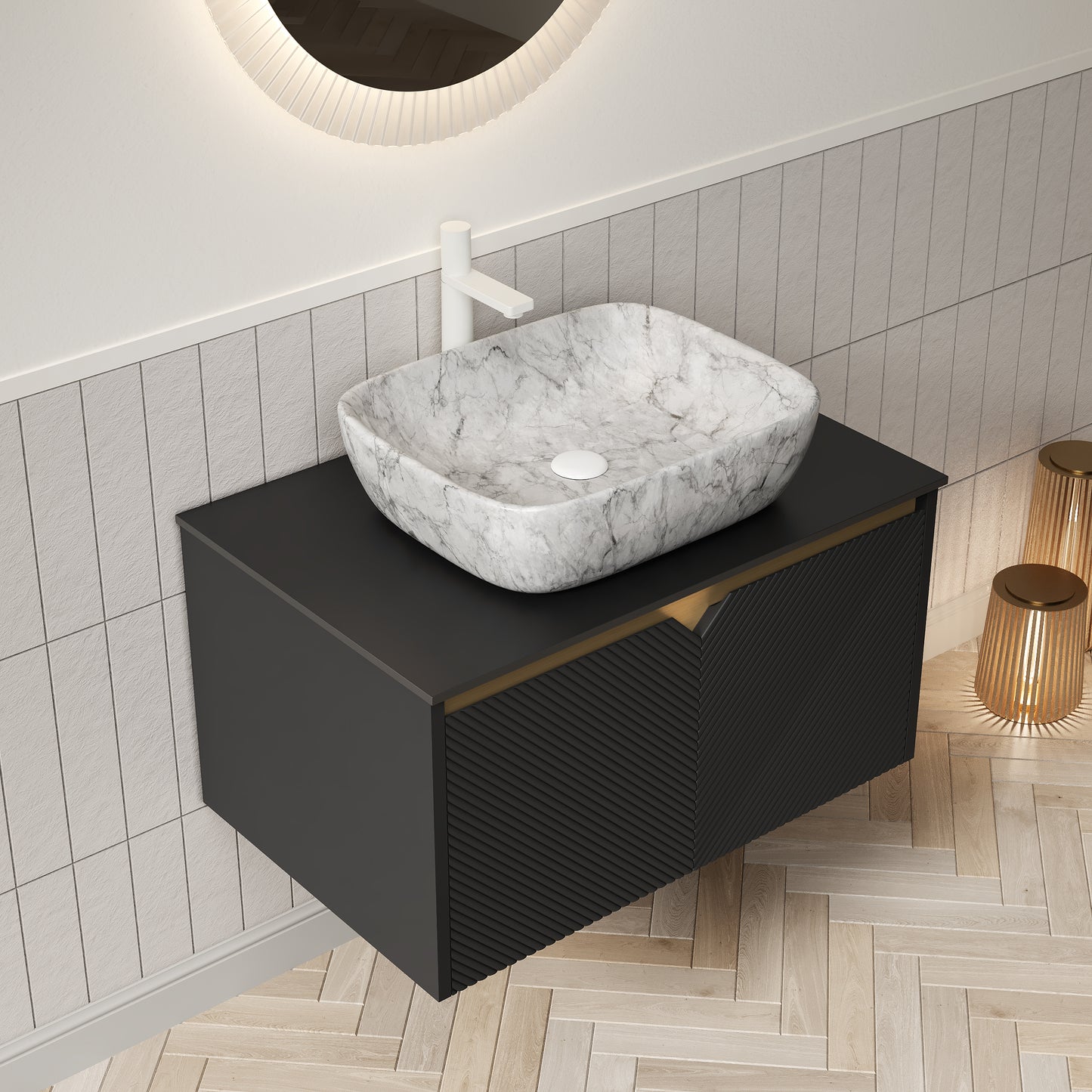 RUBEN 48" Bathroom Vanity&Sink, Wall-Mounted Floating Plywood Storage Cabinet,Black,Marble Pattern Rectangle Ceramic Vessel Basin