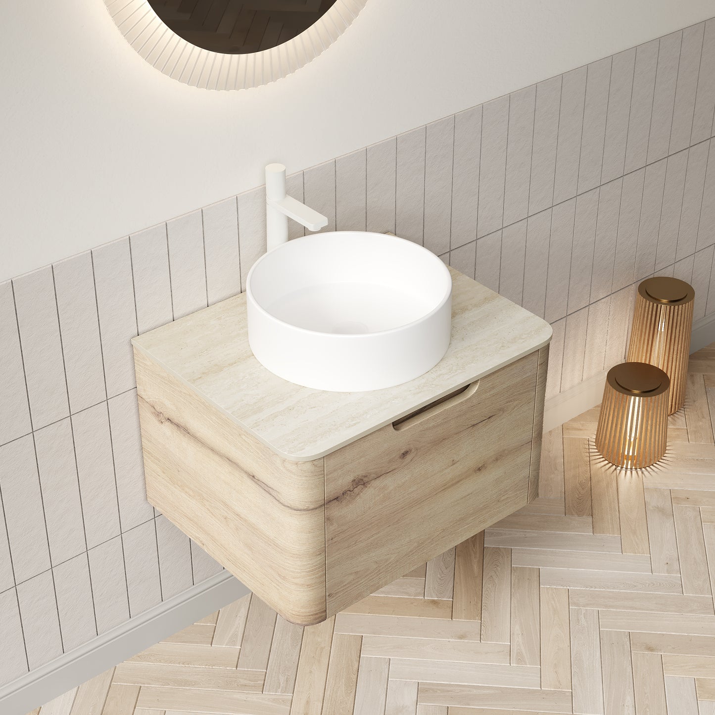 XAI 36" Badezimmerwaschtisch mit Waschbecken, Wandmontierter Sperrholzschrank mit Schublade, Weißes rundes Keramikbecken