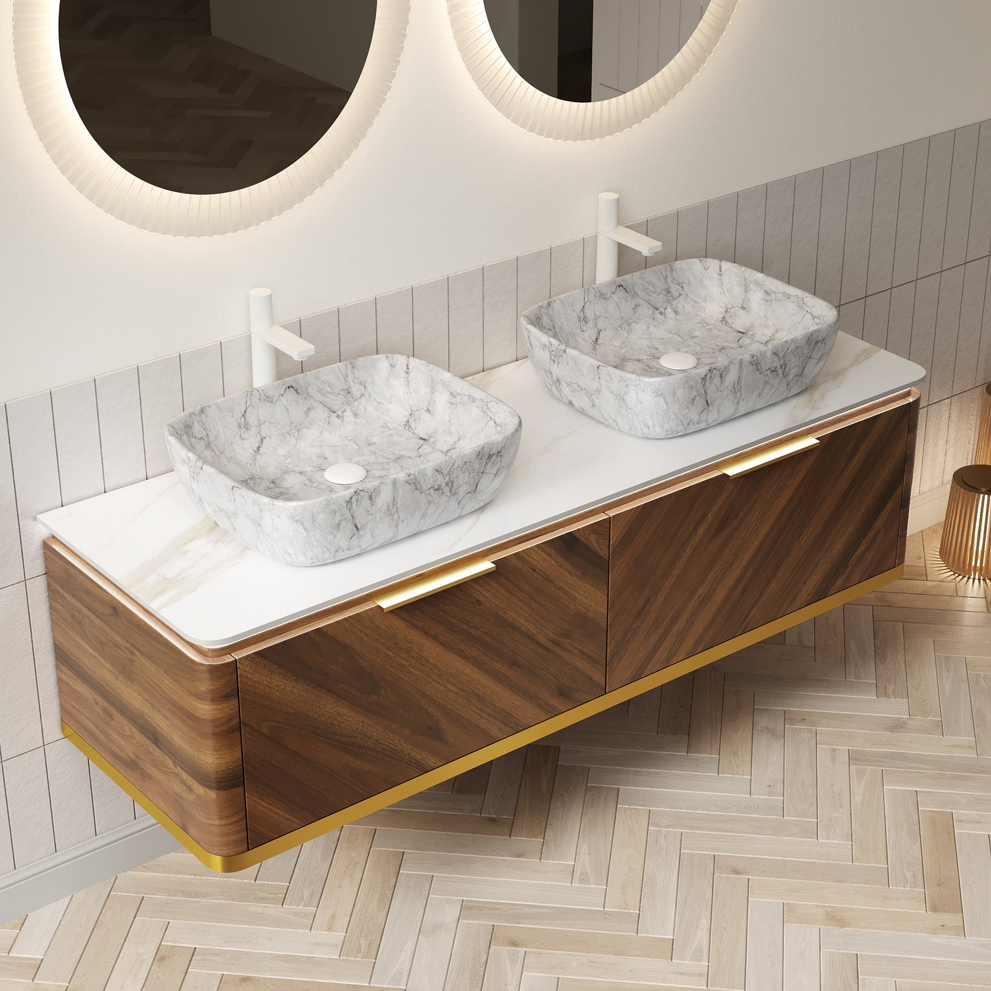 DIPA 60" Badezimmer-Waschtisch und Waschbecken, schwebender Sperrholz-Aufbewahrungsschrank, dunkle Walnussholzmaserung, gesinterte Steinplatte