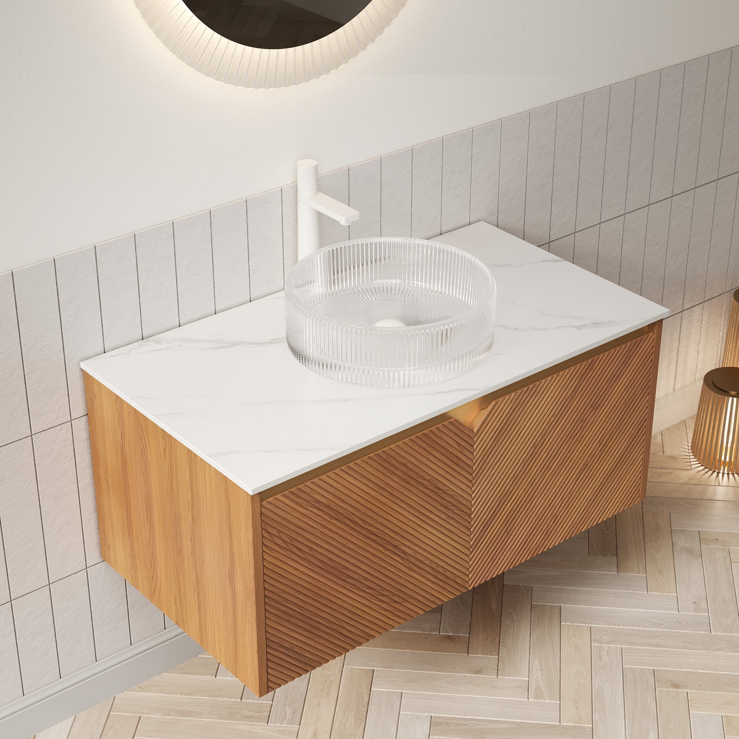 RUBEN 48" Bathroom Vanity&Sink, Floating Plywood Storage Cabinet,transparent Round Glass