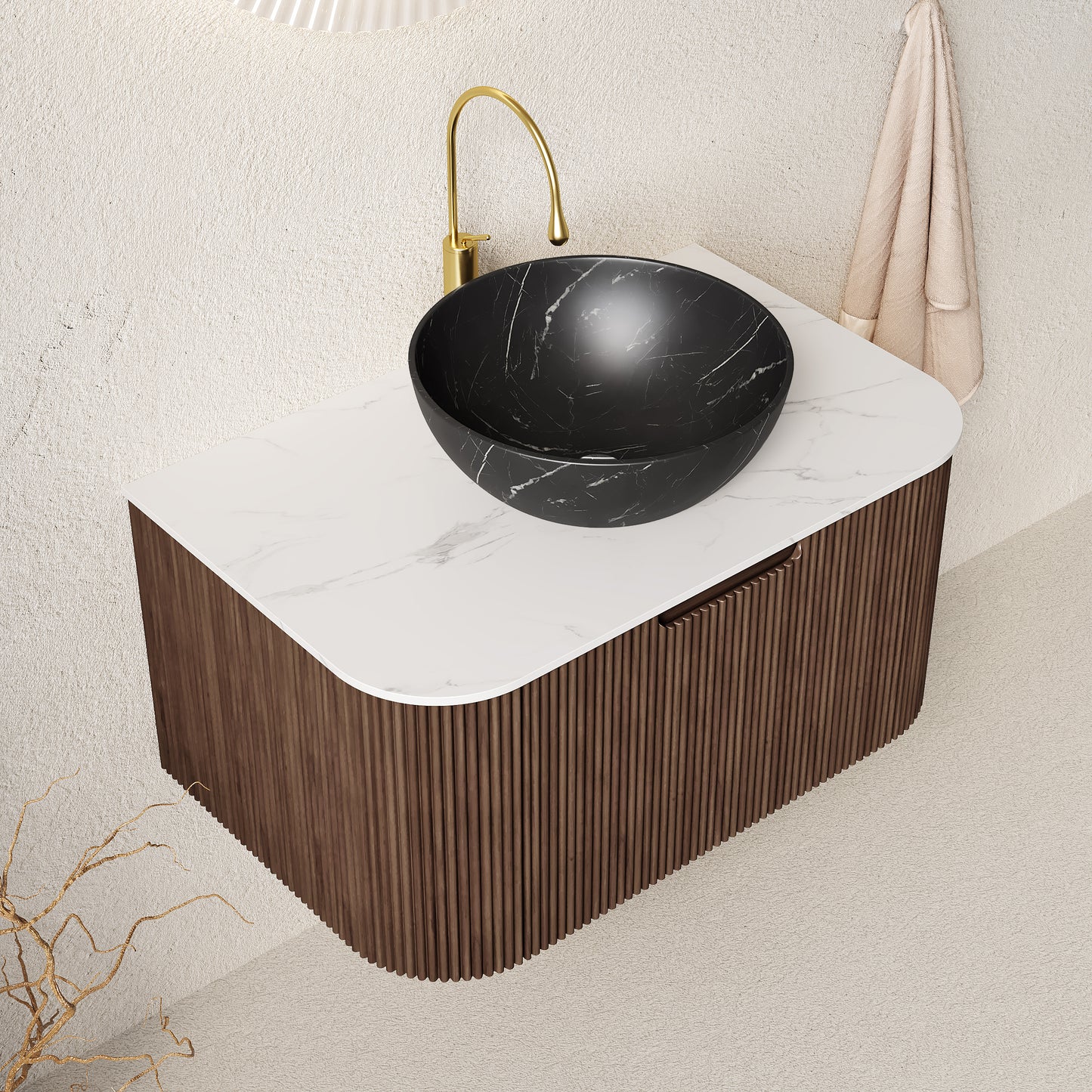 DINA 24" Bathroom Vanity&Sink, Floating Curved Edges Striped Storage Cabinet with Drawer, Stone Black Round Ceramic Basin&Carrara White Sintered Stone Top, Pre-assembled, Dark Walnut Woodgrain Color