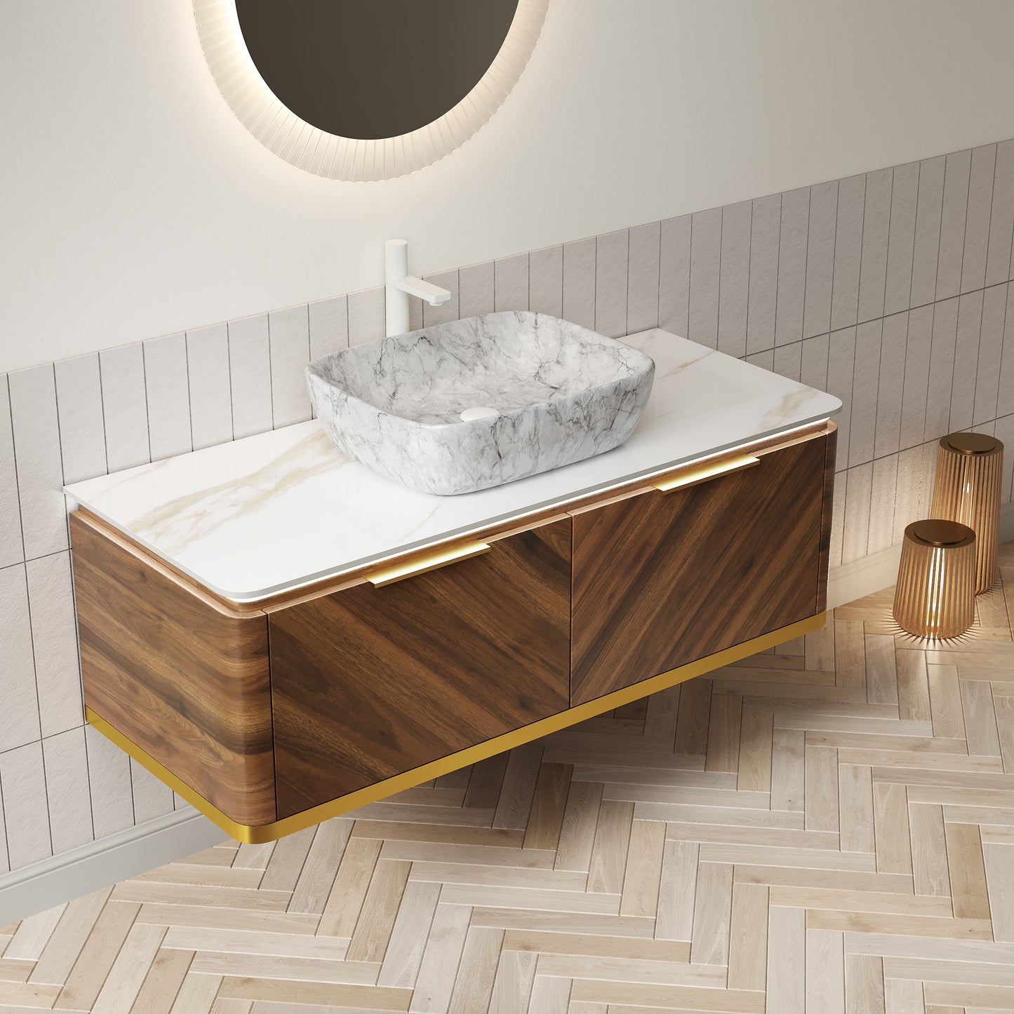 DIPA 60" Badezimmer-Waschtisch und Waschbecken, schwebender Sperrholz-Aufbewahrungsschrank, dunkle Walnussholzmaserung, gesinterte Steinplatte