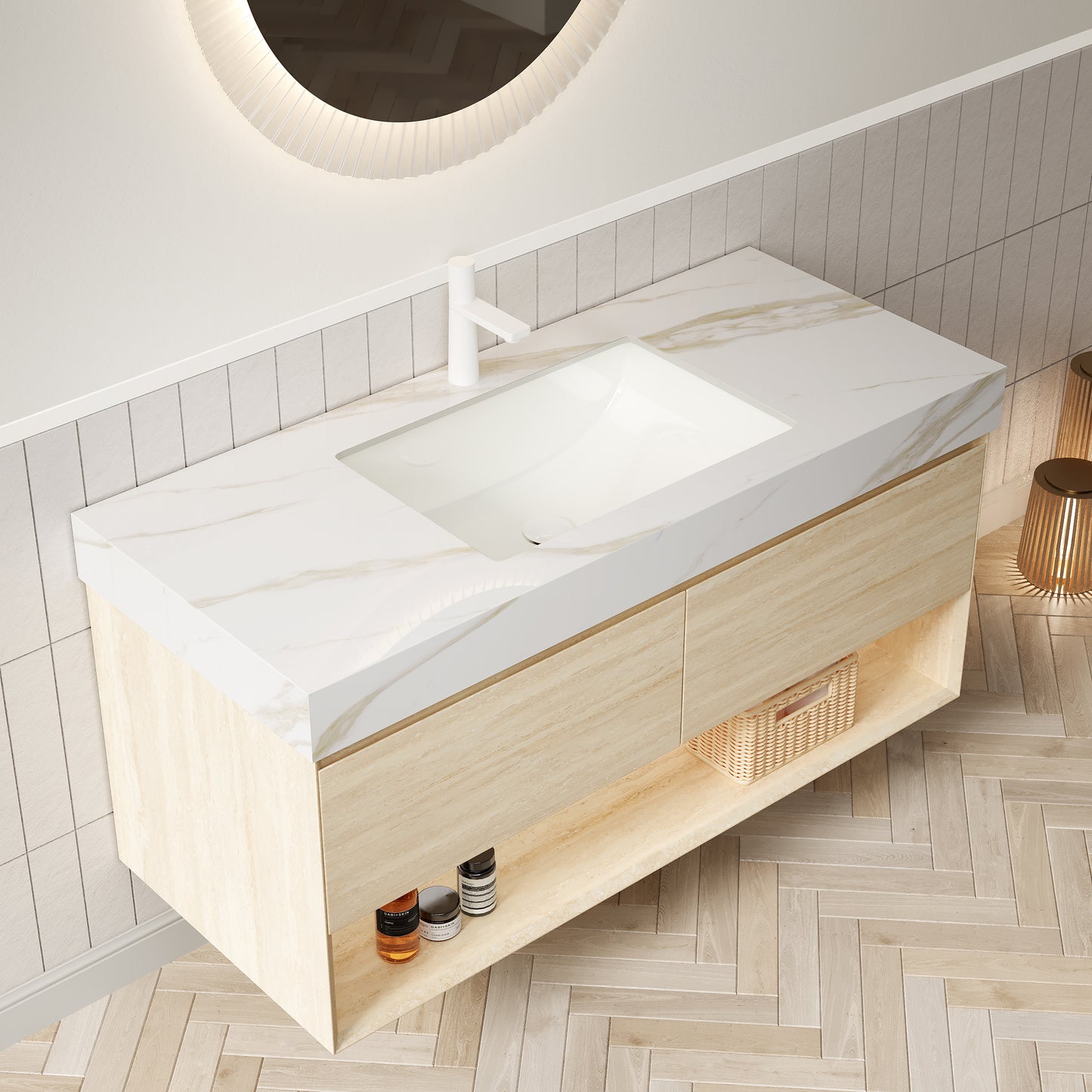 FRIGGA 30" Badezimmer-Waschtisch und Waschbecken, schwebender Sperrholz-Aufbewahrungsschrank, Schublade und Regal mit Sensorlicht