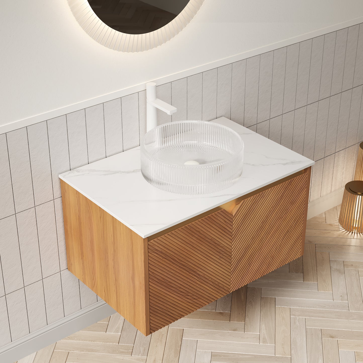 RUBEN 48" Badezimmer-Waschtisch und Waschbecken, schwebender Sperrholz-Aufbewahrungsschrank, rundes weißes Keramik-Waschbecken mit Steinmuster