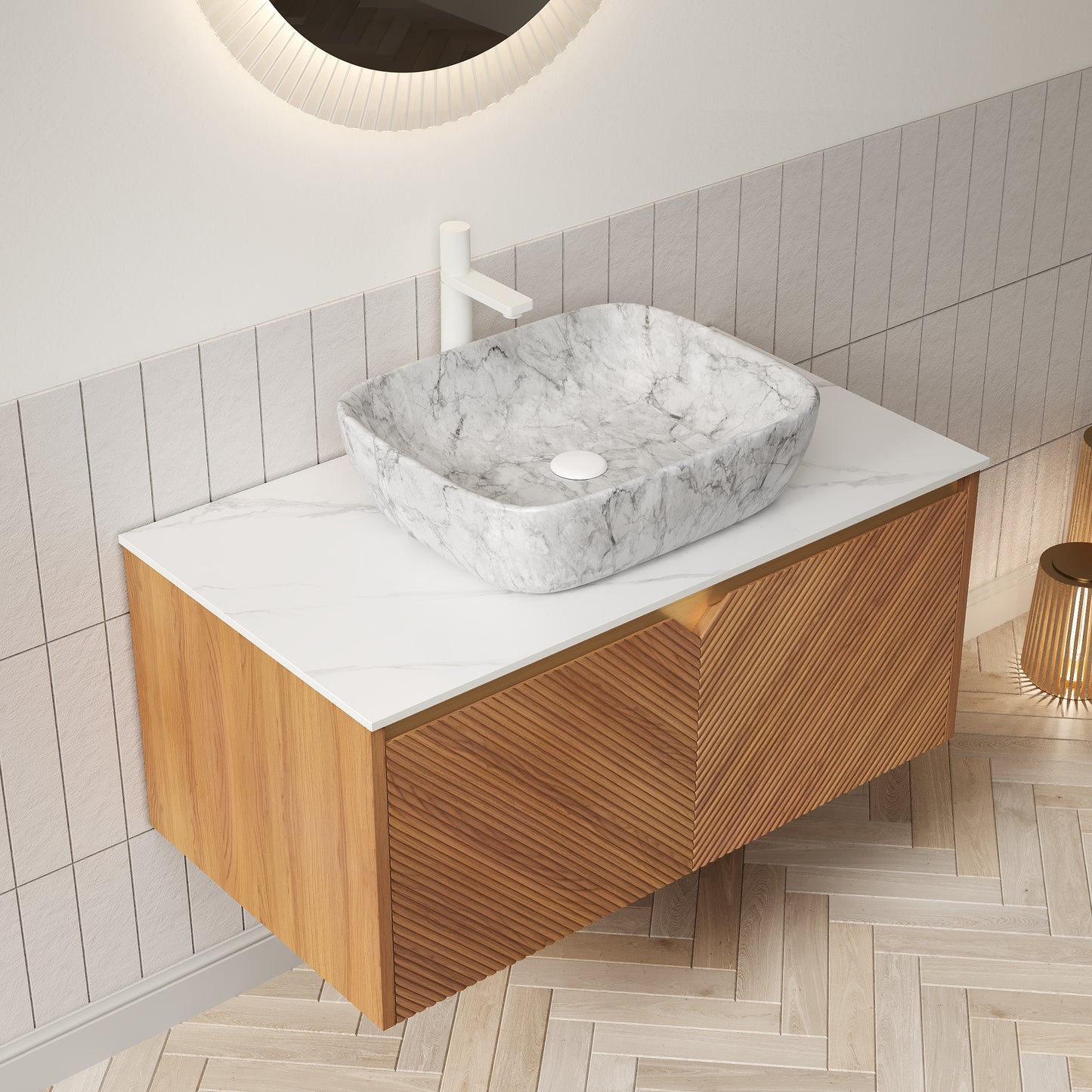 RUBEN 48" Badezimmer-Waschtisch und Waschbecken, schwebender Sperrholz-Aufbewahrungsschrank, Keramik-Waschbecken mit Marmormuster