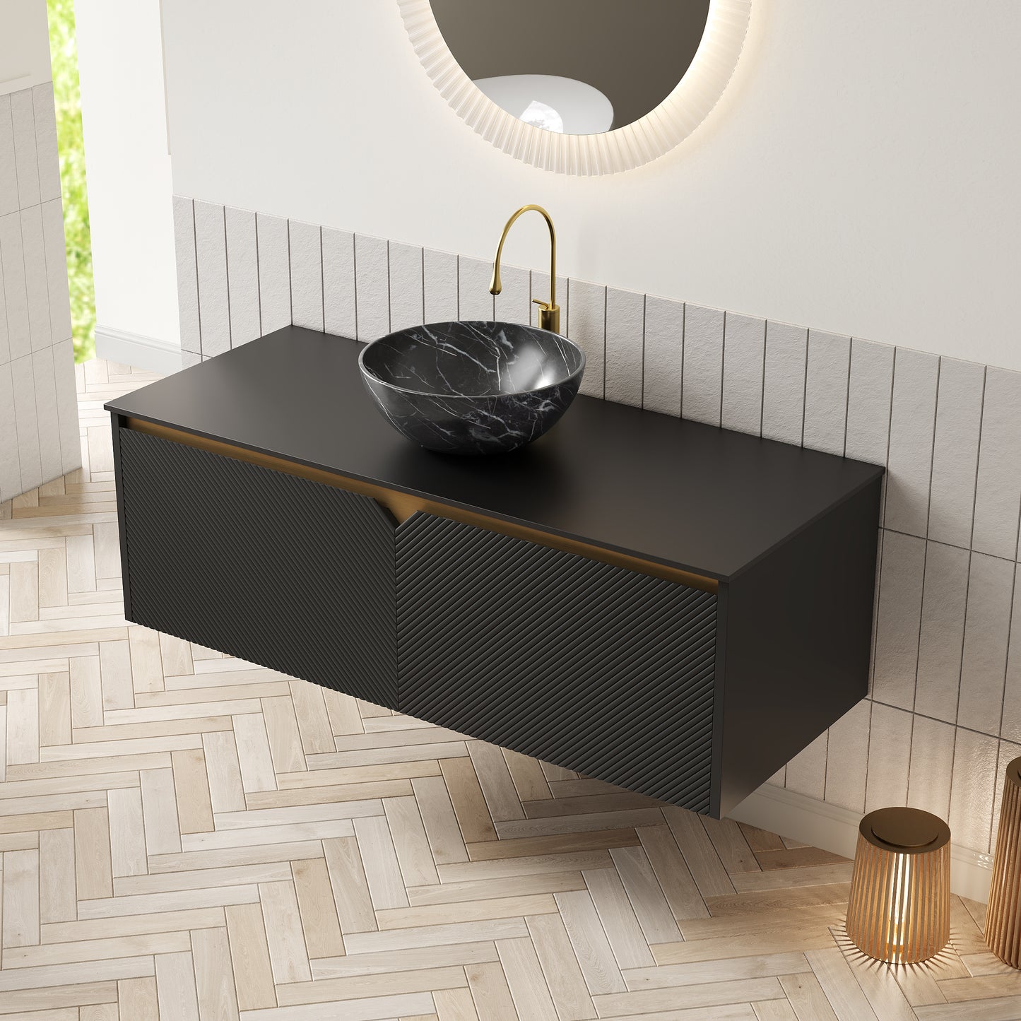 RUBEN 48" Bathroom Vanity&Sink, Wall-Mounted Floating Plywood Storage Cabinet, Black,Black Bowl Ceramic Vessel Basin