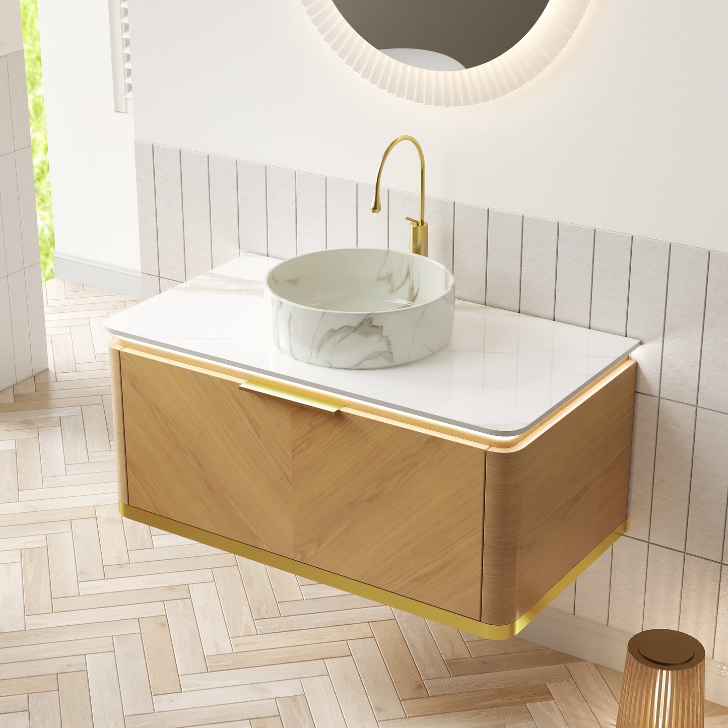 DIPA 60" Badezimmer-Waschtisch und Waschbecken, schwebender Sperrholz-Aufbewahrungsschrank mit Schublade, Eichenholzmaserung