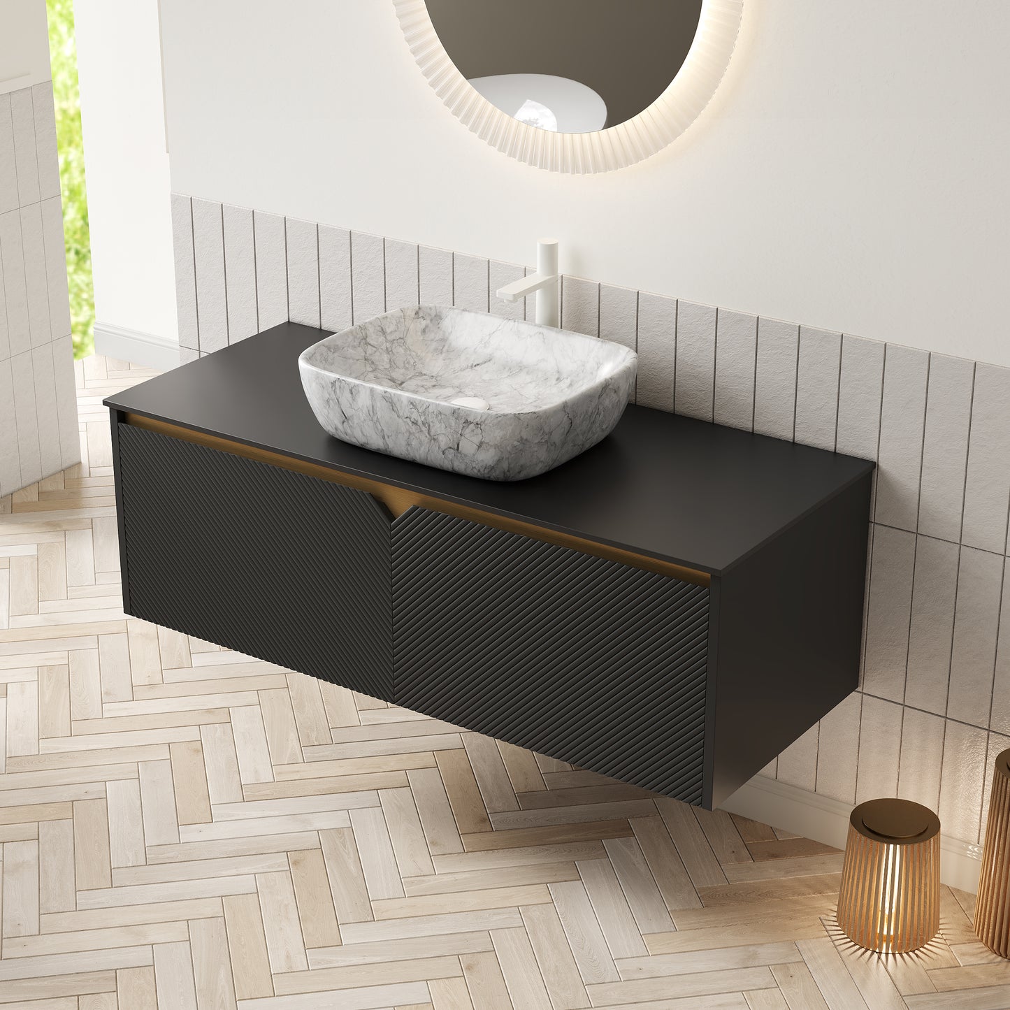 RUBEN 48" Bathroom Vanity&Sink, Wall-Mounted Floating Plywood Storage Cabinet,Black,Marble Pattern Rectangle Ceramic Vessel Basin