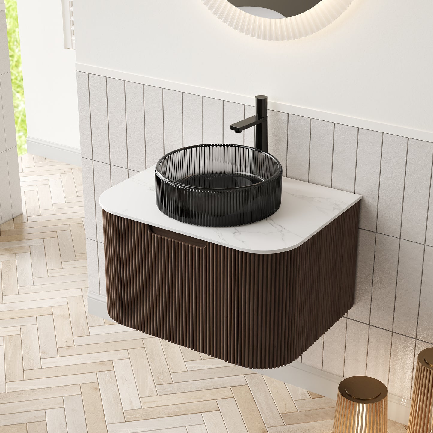 DINA Bathroom Vanity with Sink, Wall-Mounted Curved Edges Striped Bathroom Storage Cabinet Walnut Woodgrain Color