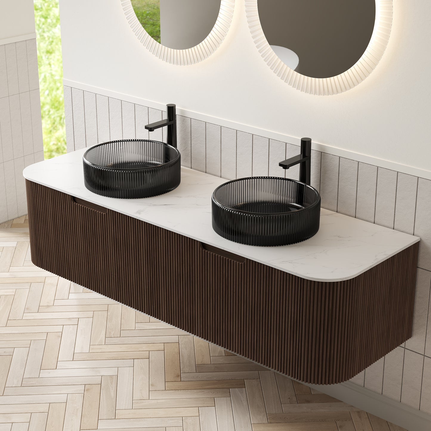 DINA Bathroom Vanity with Sink, Wall-Mounted Curved Edges Striped Bathroom Storage Cabinet Walnut Woodgrain Color