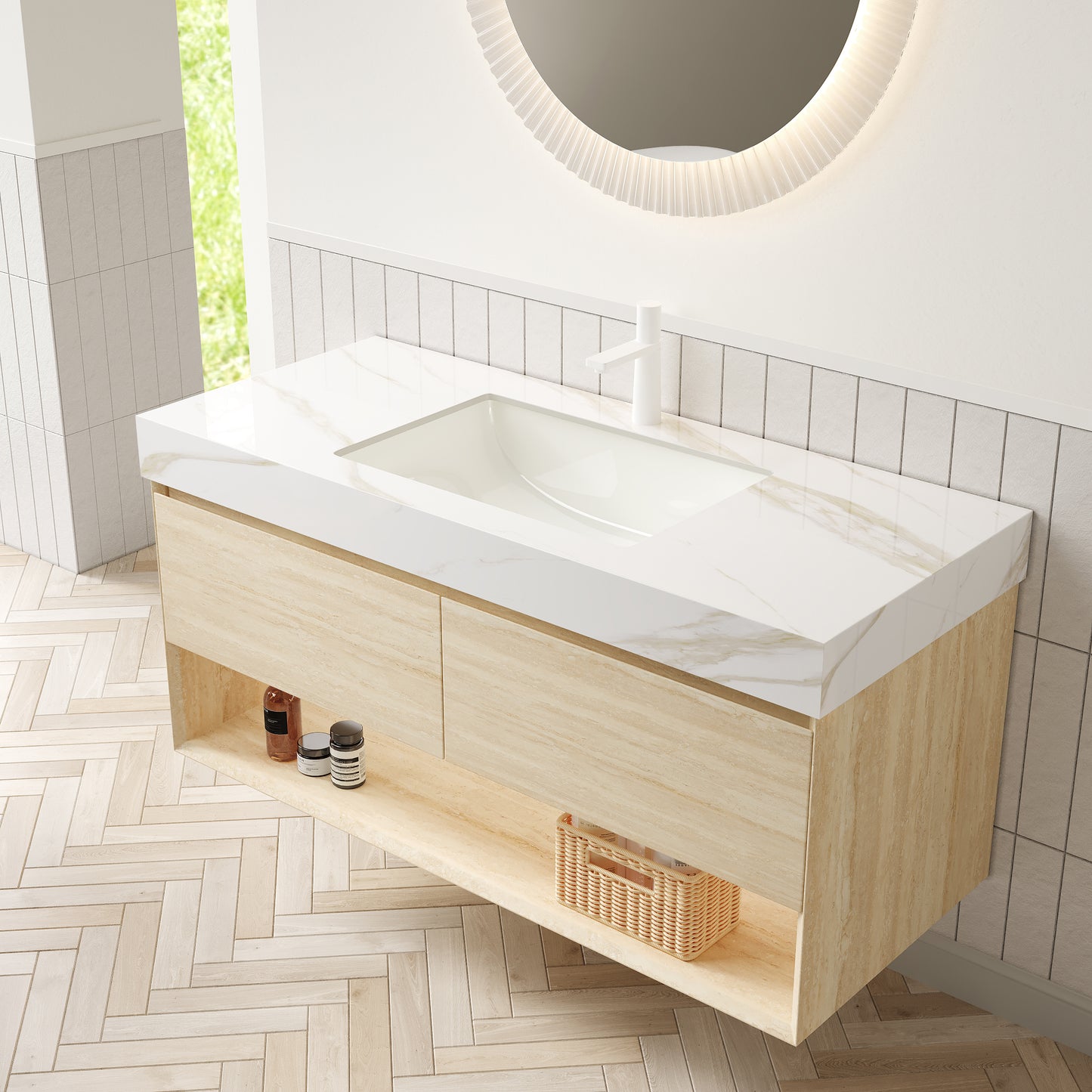 FRIGGA 30" Badezimmer-Waschtisch und Waschbecken, schwebender Sperrholz-Aufbewahrungsschrank, Schublade und Regal mit Sensorlicht