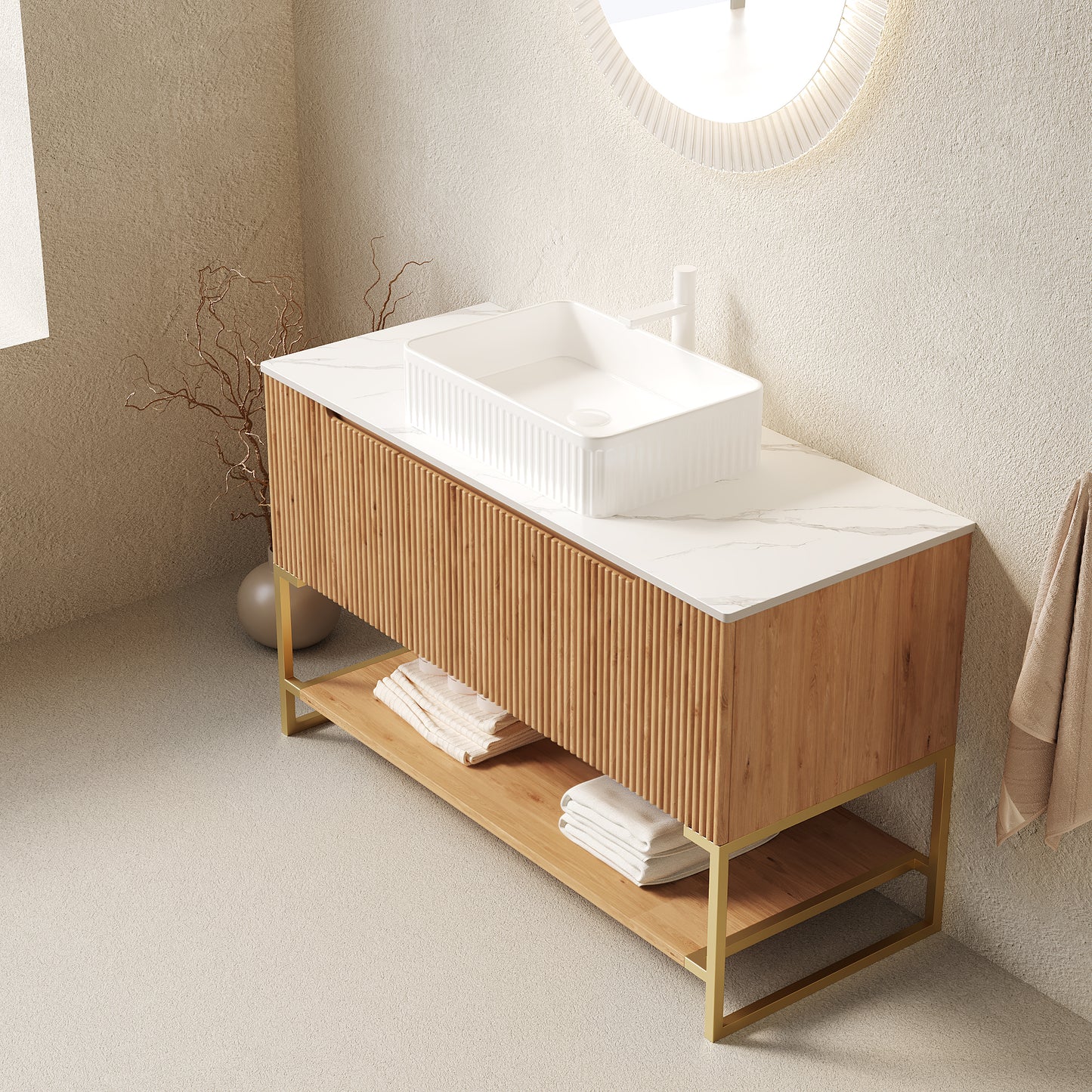 TULIO 48'' Bathroom Vanity&Sink, Freestanding Storage Cabinet with 3 Doors&Open Shelf